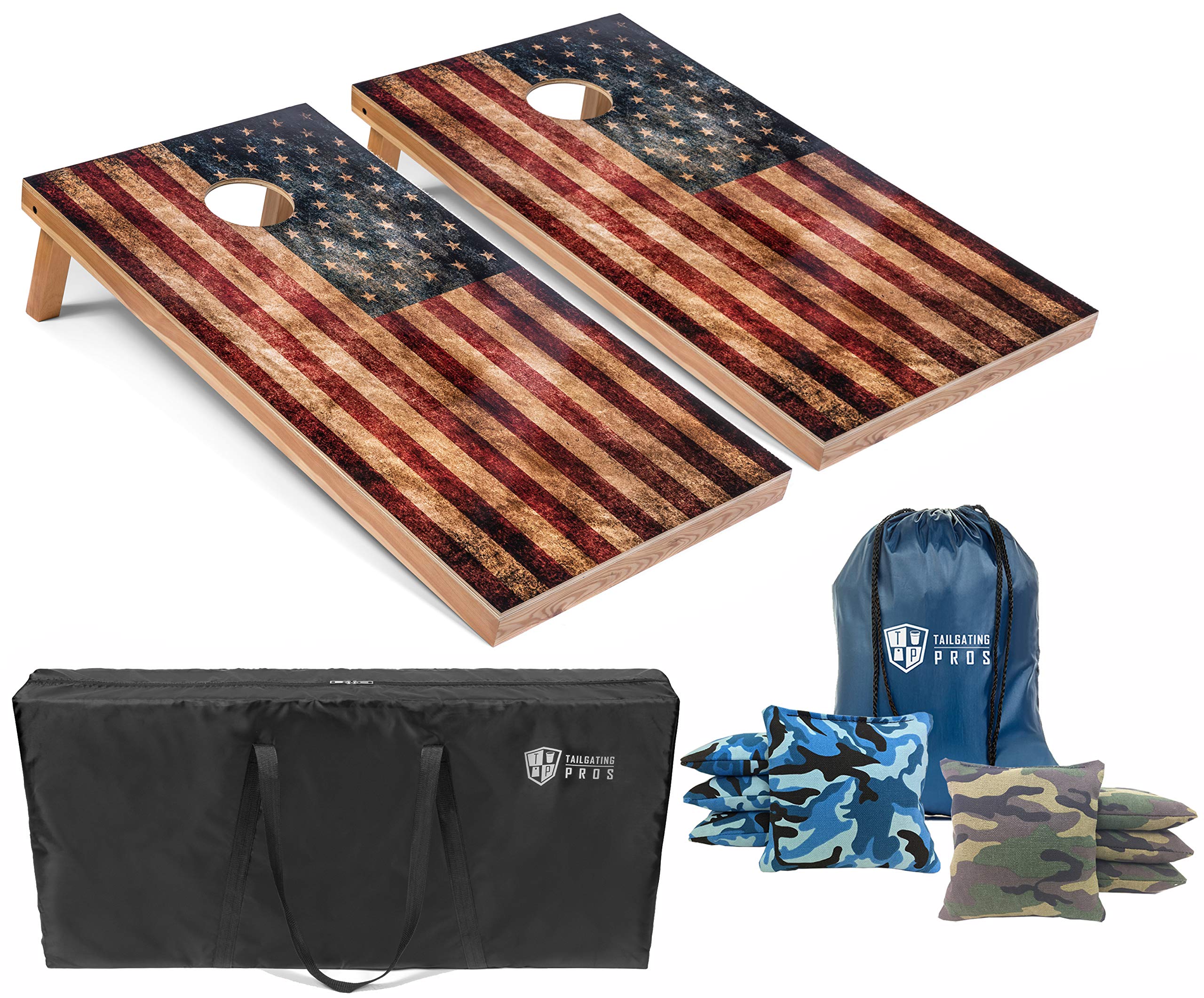 Tournament-Grade 4'x2' Rustic American Flag Cornhole Game Set with 8 Bean Bags & Carry Case - Premium Distressed Wood Cornhole Boards for Tailgating, Backyard Parties, BBQs, and Outdoor Games - Regulation Size for Professional Play