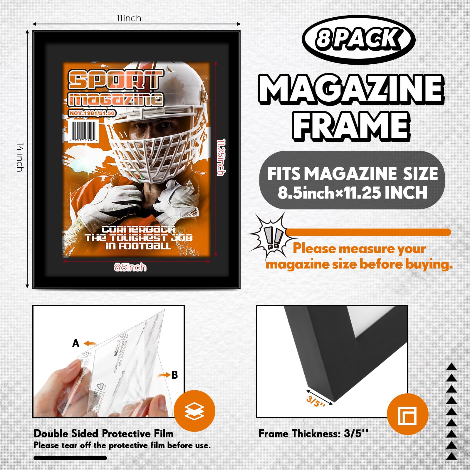 Geetery 8-Piece Plastic Wall Magazine Frames Set - Fits 8.5x11.25 Inch Magazines - Includes Installed Hangers & Core Matting - Black Frame with Black Mat - Perfect for Home, Office & Retail Display Decor