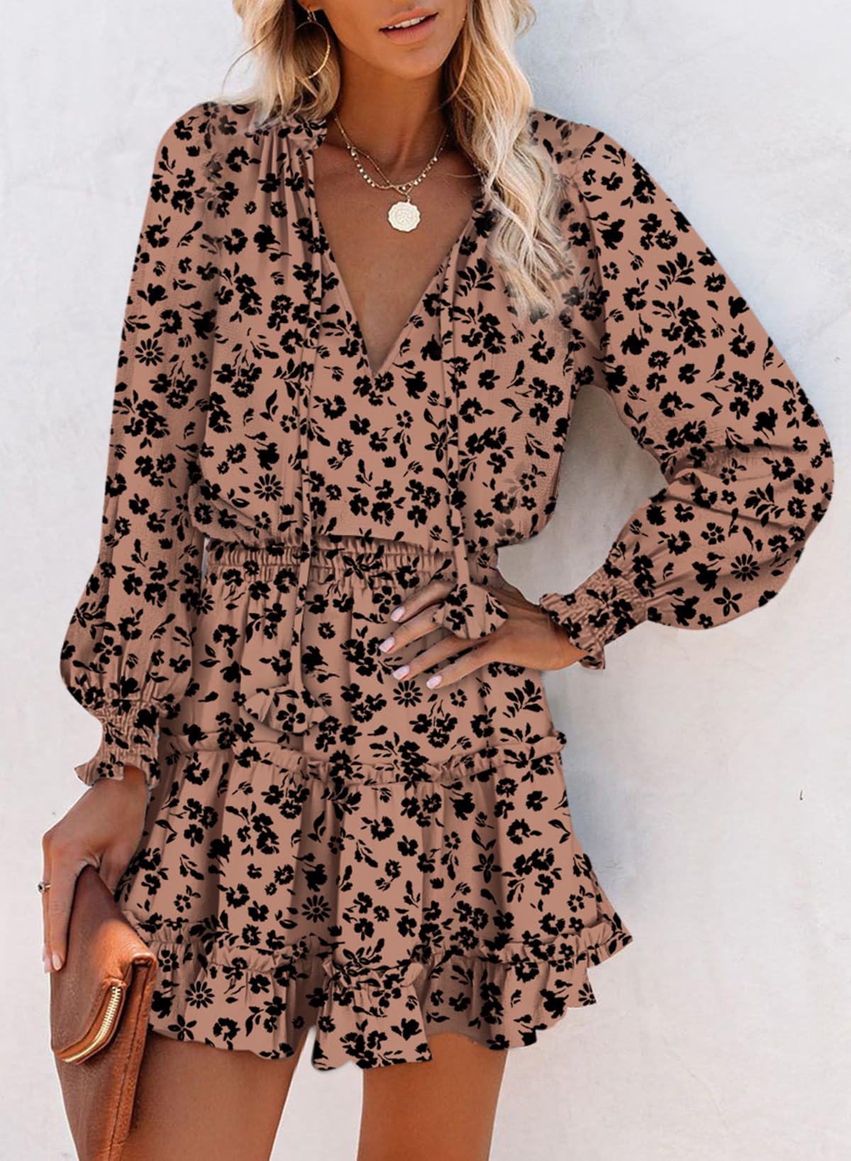 Dokotoo Women's 2025 Boho Floral Spring Dress - V Neck Smocked Long Sleeve Ruffle Tiered Chiffon Mini Dress with Drawstring | Perfect for Garden Parties, Date Nights & Summer Vacations
