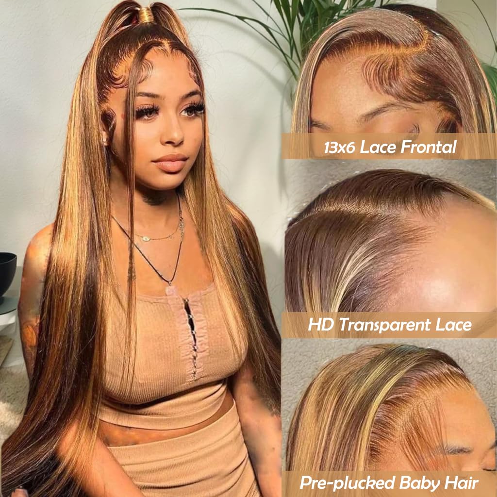 ALLRUN 13x6 HD Lace Front Wig Human Hair - Pre-Plucked Straight Highlight Ombre Honey Blonde Wig with Baby Hair (24 Inch) | Perfect for Daily Wear, Cosplay, Parties & Special Occasions