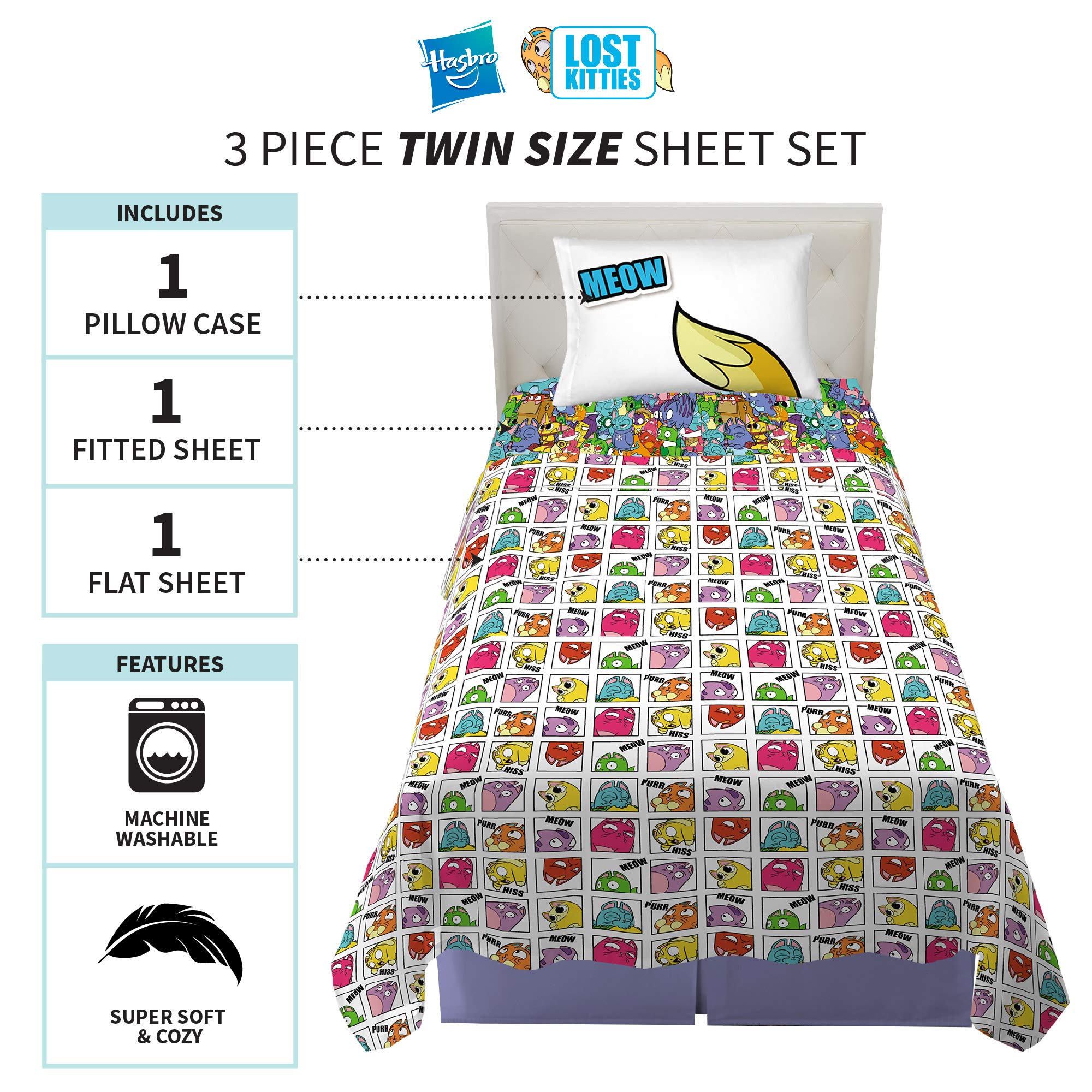 Franco Kids Bedding Sheet Set - Twin Size, Soft & Breathable Cotton, Hasbro Lost Kitties Design - Perfect for Kids' Rooms, Sleepovers & Cozy Bedtime Comfort