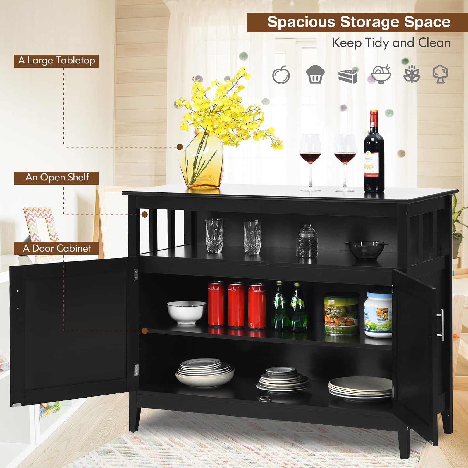 Modern Kitchen Storage Sideboard Buffet Cabinet with Open & Adjustable Shelves - Space Saving Organizer for Kitchen, Living Room & Dining Room - Perfect for Small Spaces & Home Decor (Black)