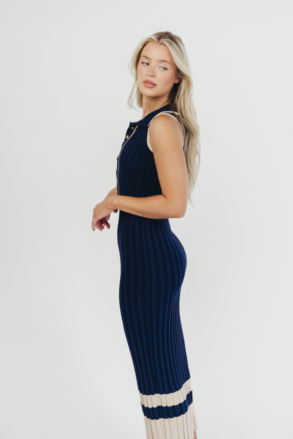 Jovie Women's Sleeveless Ribbed Maxi Dress with Button Front - Navy Blue Summer Beach Dress for Vacation, Date Night & Casual Outings