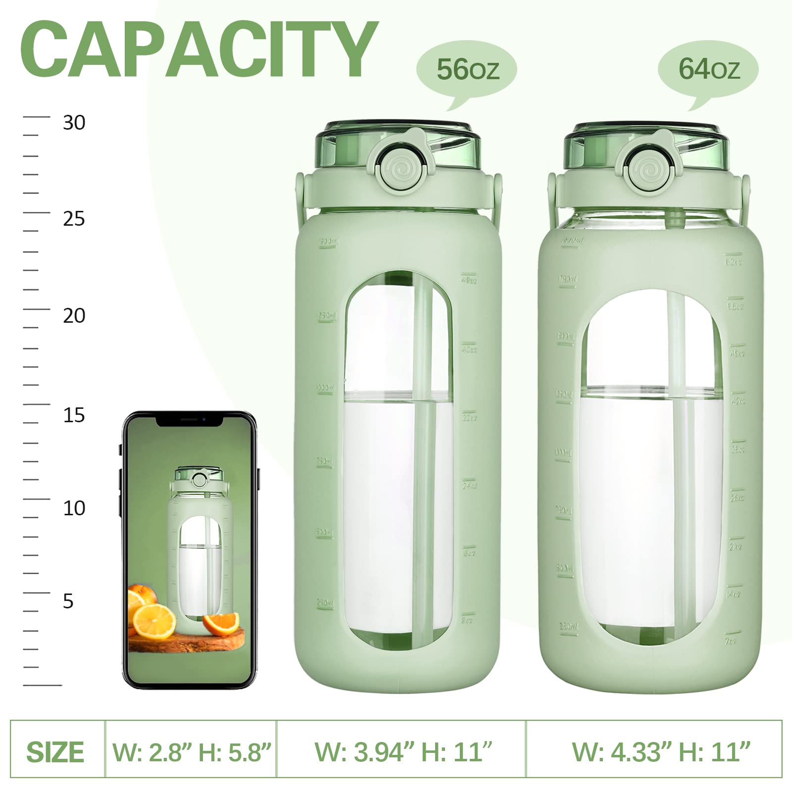 BLUEGO 56oz Glass Water Bottle with Straw & Time Marker - Half Gallon Motivational Water Bottle with Silicone Sleeve - 2L Large Glass Jug for Gym, Sports, Workout & Daily Hydration - Eco-Friendly Green Bottle - Perfect for Fitness Tracking, Office Use & Outdoor Activities