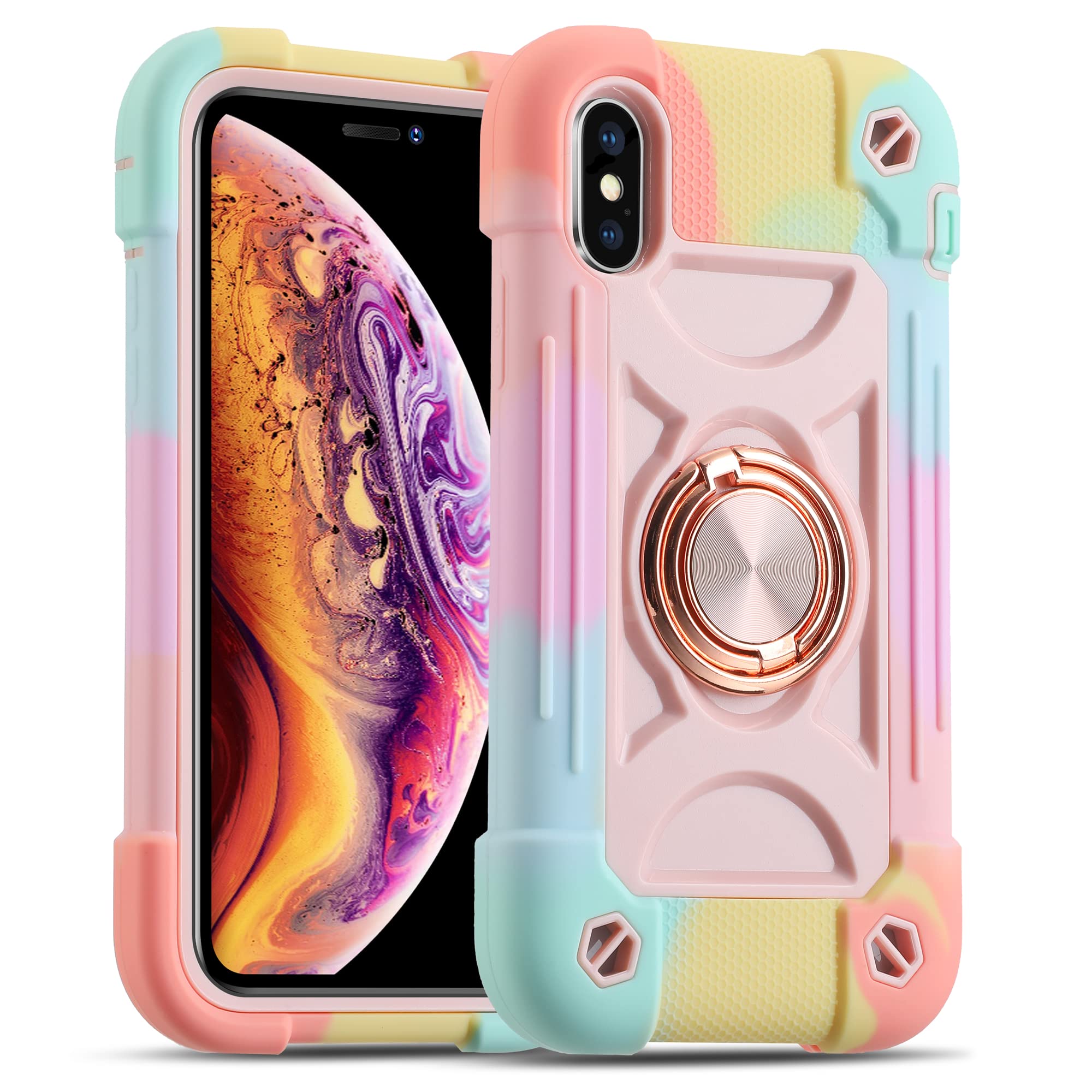 MARKILL Military Grade Shockproof iPhone Xs Max Case 6.5 Inch with Ring Stand & Magnetic Car Mount | Heavy Duty Protective Phone Cover for iPhone Xs Max (Rainbow Pink) | Perfect for Outdoor Activities, Travel & Daily Use