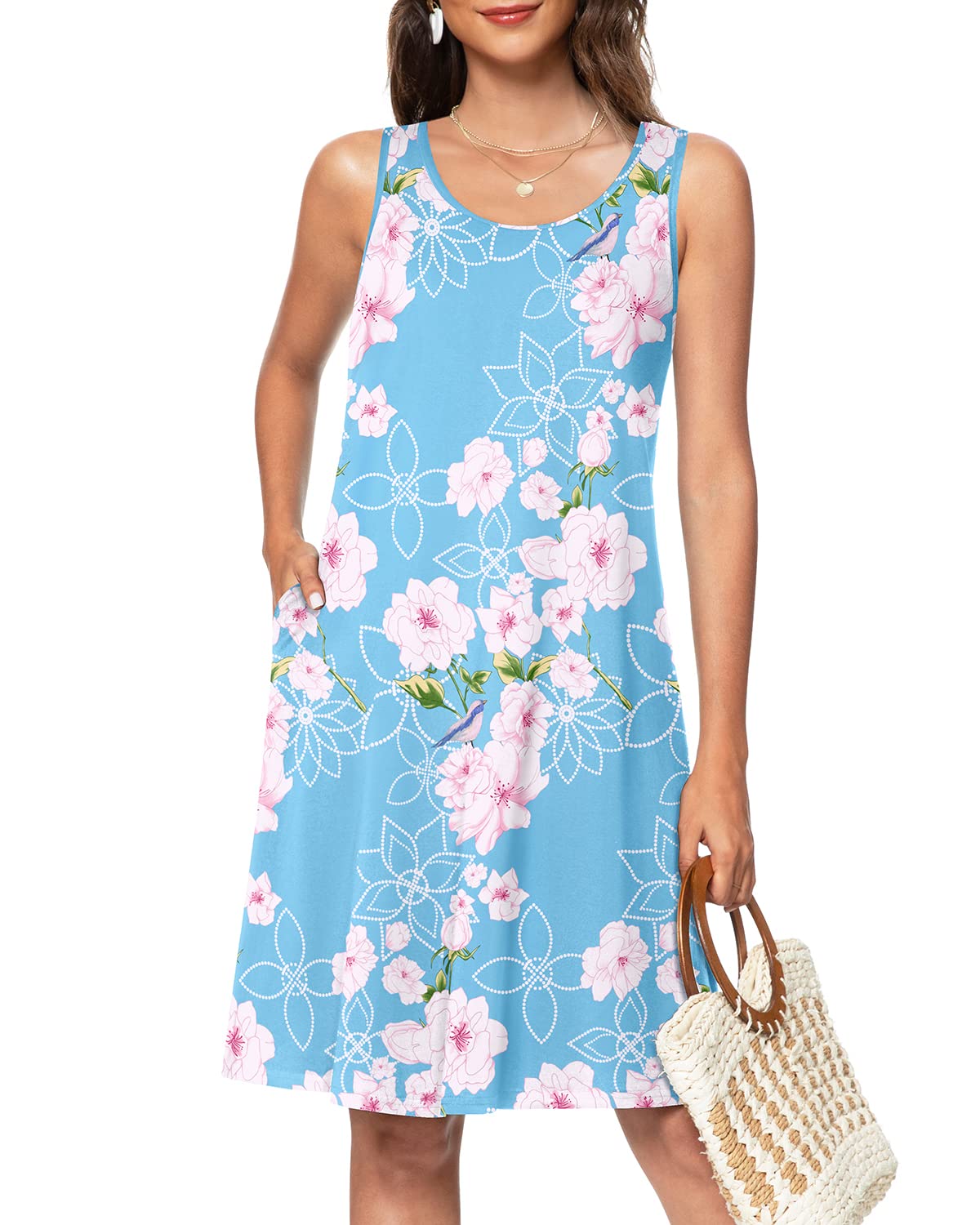 Women's Floral Summer Sundress - Sleeveless Casual Beach Dress with Pockets | Perfect for Vacations, Pool Parties & Outdoor Activities
