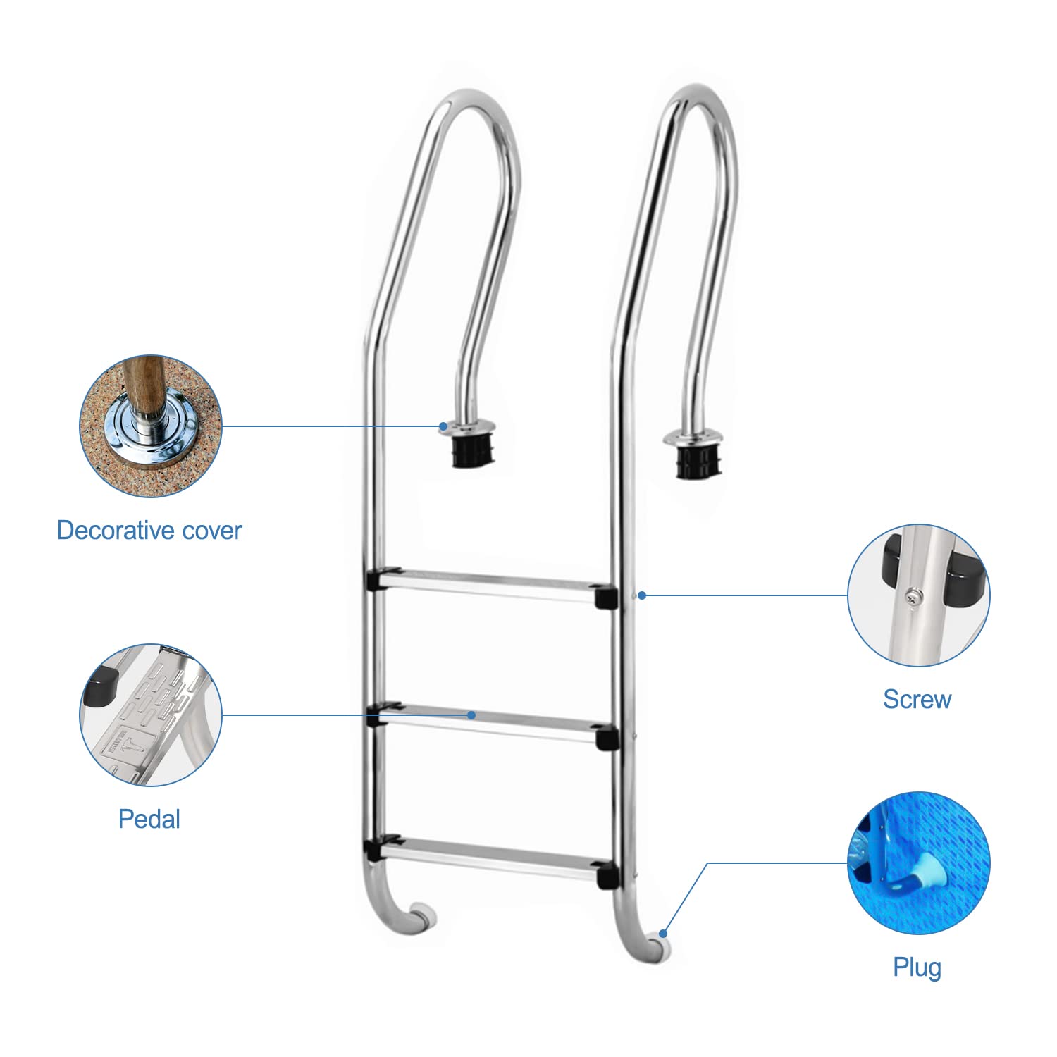 YUEWO Stainless Steel Above Ground Pool Ladder - 3 Step with Non-Slip Handrail for In-Ground & Above Ground Pools | Durable Safety Ladder for Easy Pool Entry & Exit | Perfect for Backyard, Residential & Commercial Swimming Pools
