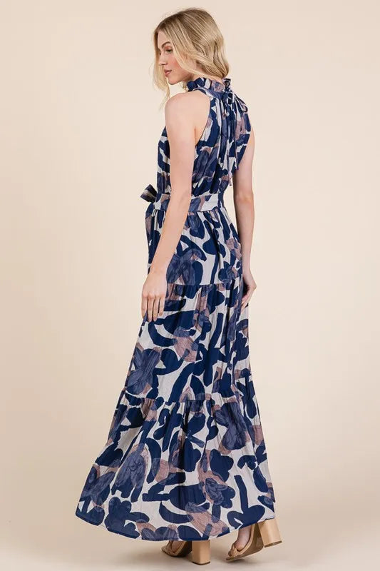 Elegant Halter Neck Tie Waist Tiered Maxi Dress for Women | Summer Beach Vacation Resort Wear | Perfect for Pool Parties, Tropical Getaways and Evening Dinners