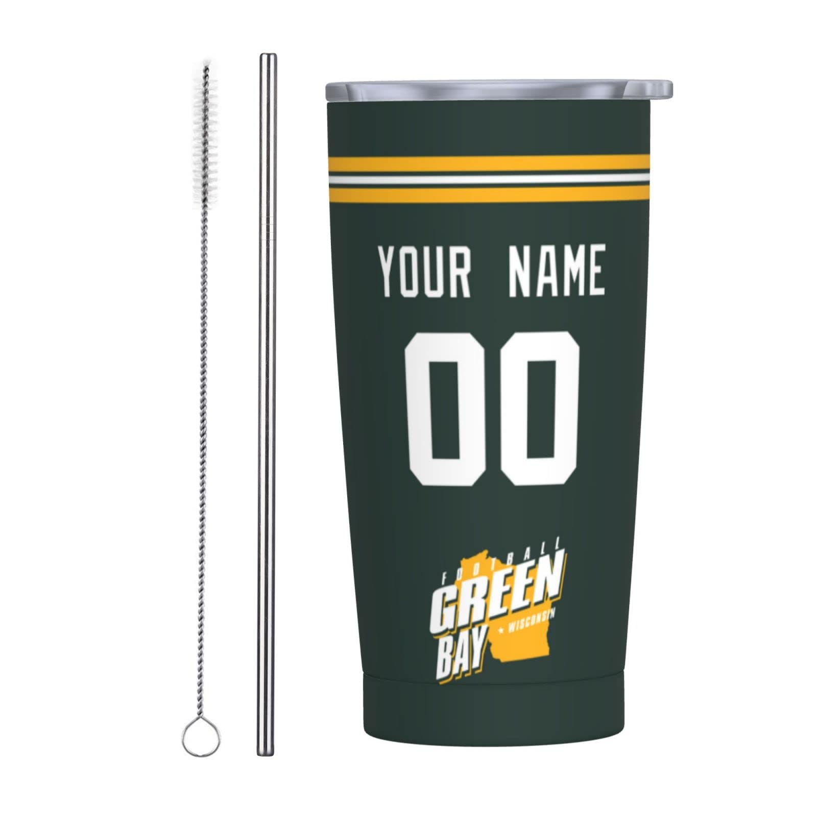 Customized 20 oz Green Bay Cup Insulated Tumbler with Straw - Personalized Name & Number - Leakproof Travel Mug for Coffee, Tea & Cold Drinks - Perfect Gift for Men, Dad, Husband - Great for Office, Gym, Camping & Outdoor Activities