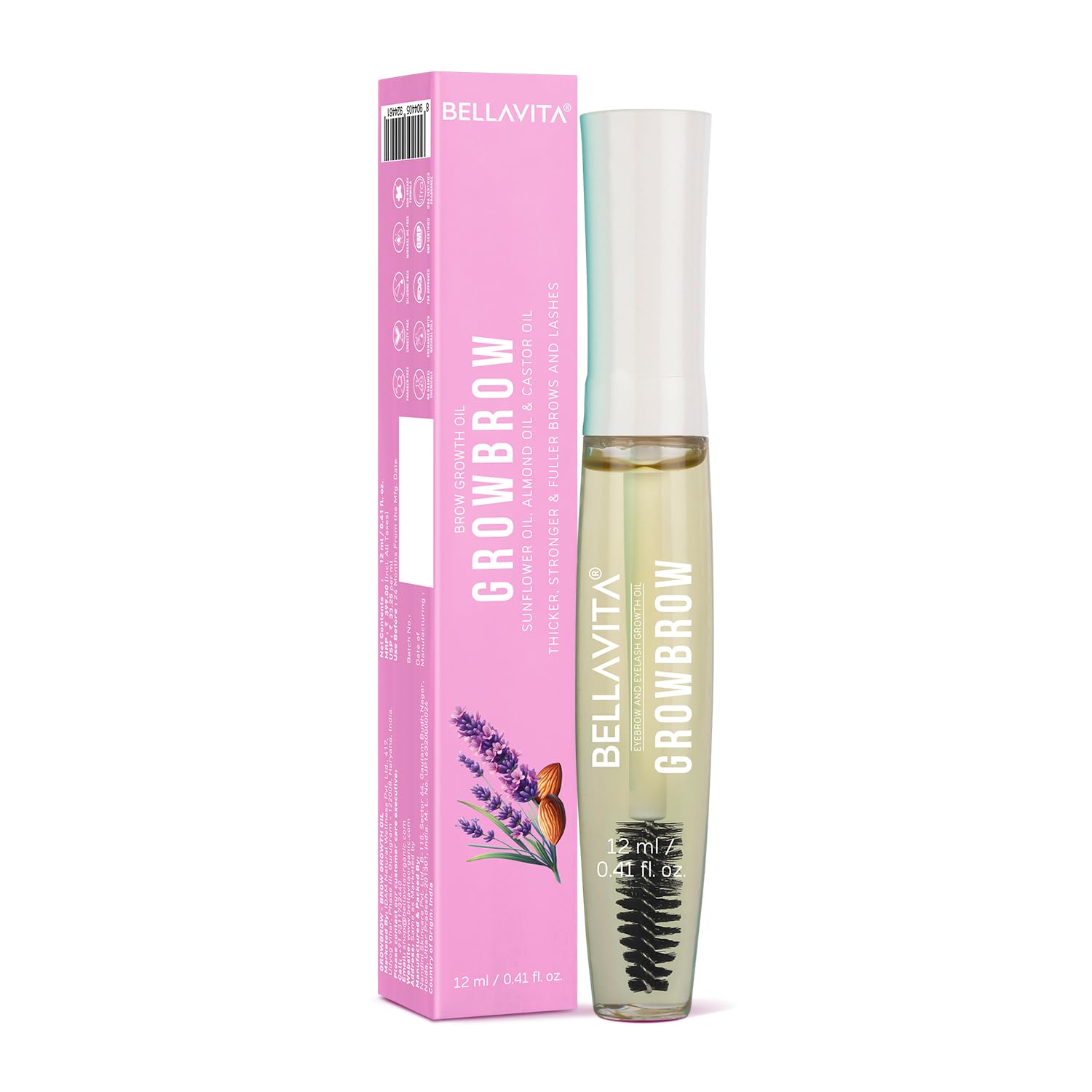 Bella Vita Organic Growbrow - Natural Eyelash & Eyebrow Growth Serum with Castor Oil, Onion Oil & Vitamin E | 12ml | Enhance Lash & Brow Volume | Perfect for Daily Beauty Routine & Special Occasions