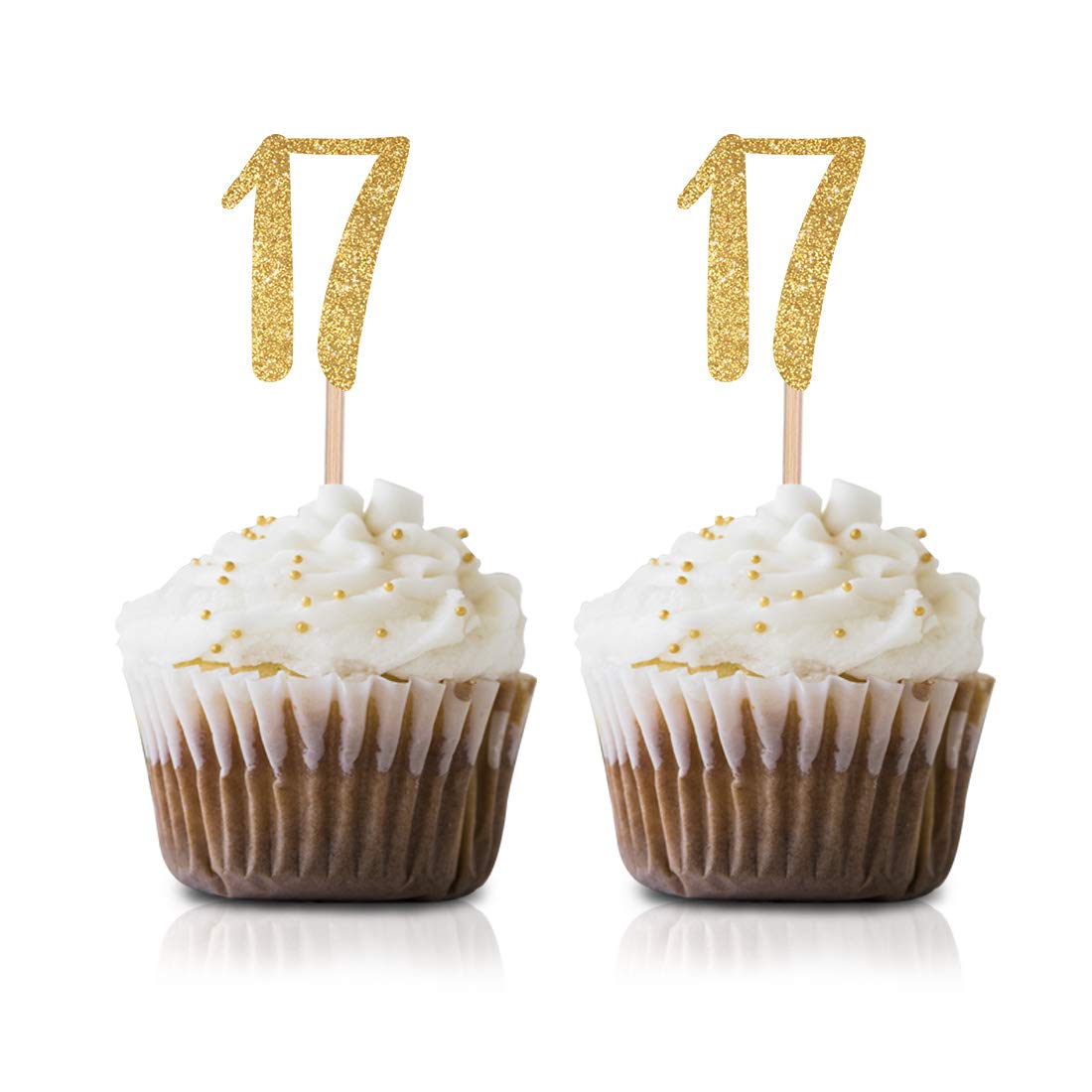 24-Pack Gold Happy 17th Birthday Cupcake Toppers with Glitter Number 17 - Party Decorations for Sweet 16, Teen Birthday, Graduation & Anniversary Celebrations