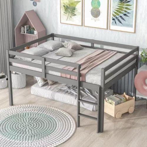 Full Size Low Loft Bed with Ladder & Guardrail - Sturdy Wood Frame, Slat Support (No Box Spring Needed) - Space-Saving Bedroom Storage Solution in Classic Gray - Perfect for Small Rooms, Dorms & Kids' Bedrooms