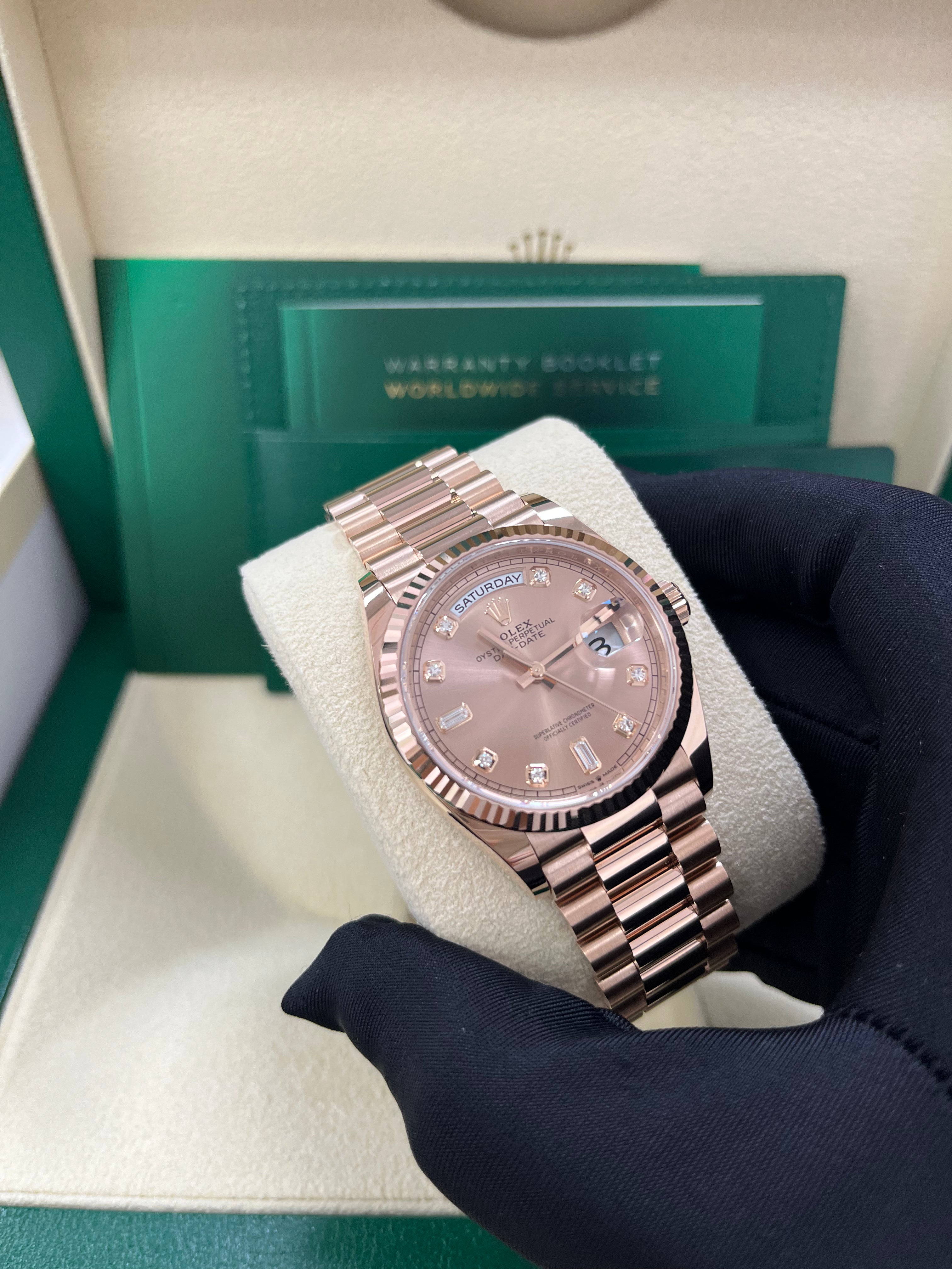 Rolex Day-Date 36 Everose Gold Watch - Fluted Bezel, Rose Diamond Dial, President Bracelet (Ref. 128235) | Luxury Dress Watch for Business & Formal Occasions