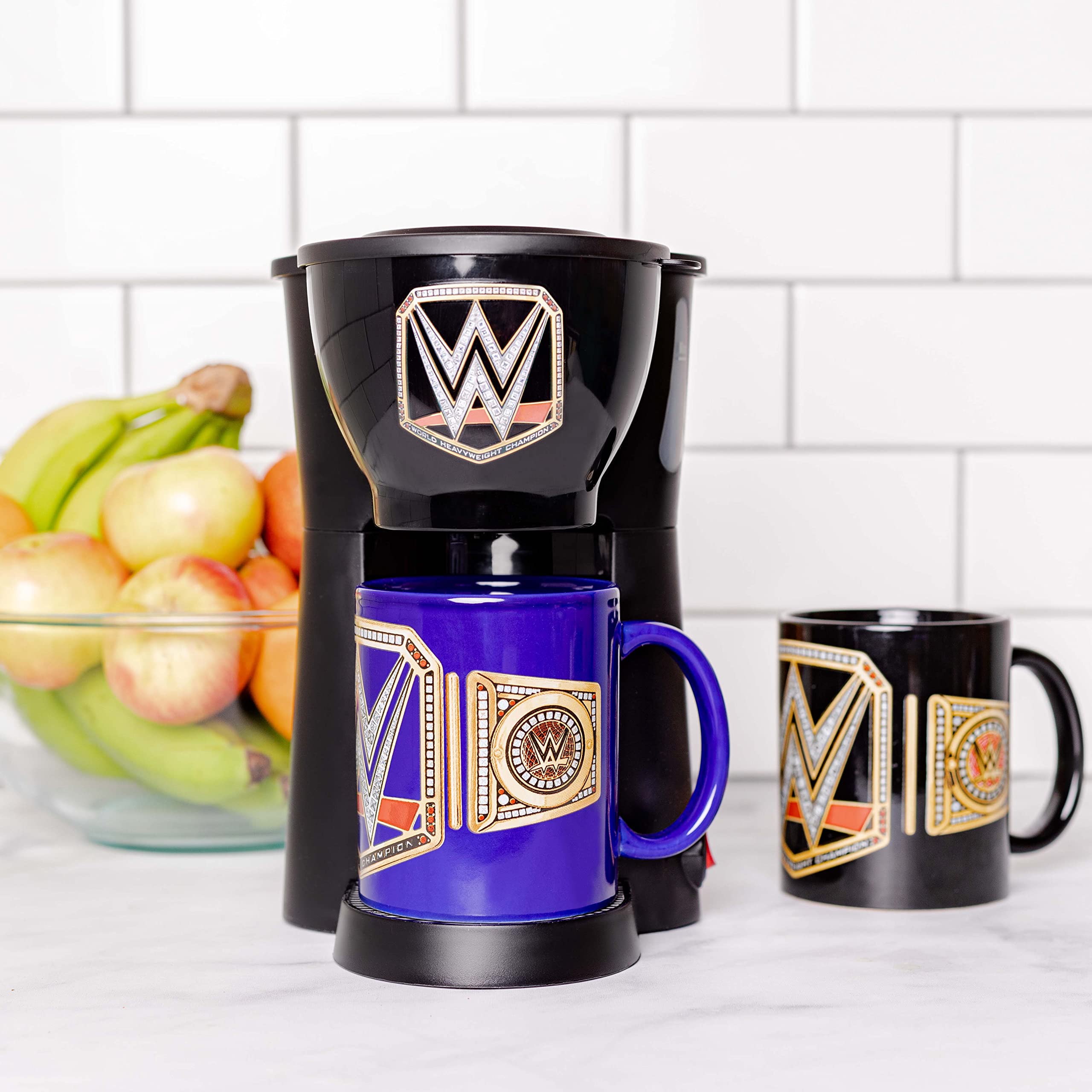Uncanny Brands WWE Single Serve Coffee Maker Gift Set with 2 Champion Mugs - Perfect for Wrestling Fans & Coffee Lovers - Great for Home, Office & WWE Viewing Parties