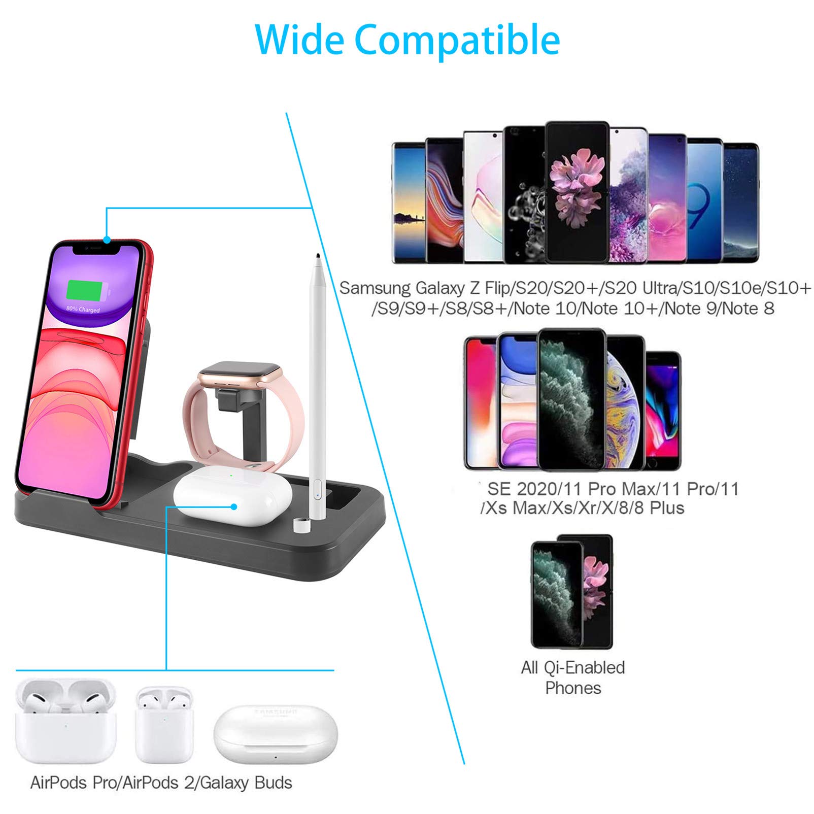 3-in-1 Fast Wireless Charging Station for iPhone 15/14/13/12, Samsung S23/S22/S21, AirPods Pro - Foldable Adjustable Stand with LED Indicator for Home, Office & Travel
