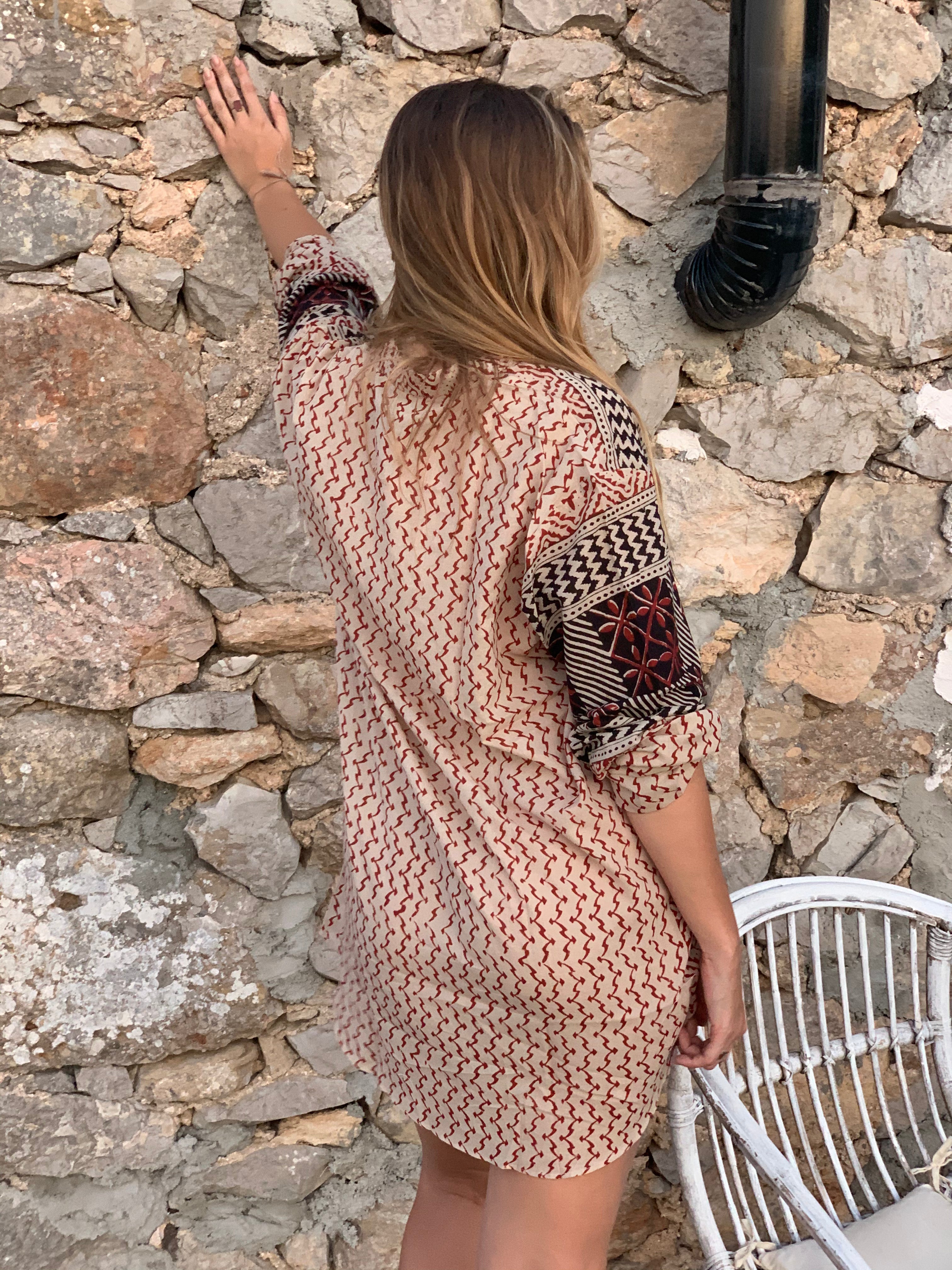 Modern Block Print Tunica Button Down Shirt - Stylish & Comfortable Women's Casual Top for Summer, Travel & Boho Outfits