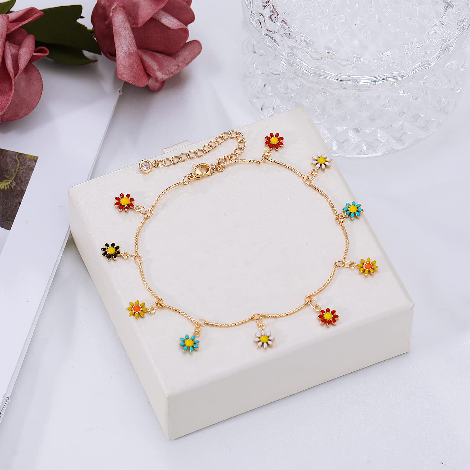 14K Gold Plated Adjustable Ankle Bracelet for Women - Daisy Moon Star Evil Eye Boho Beach Foot Chain, Dainty Anklet Jewelry for Casual Wear, Summer Outfits & Beach Vacations