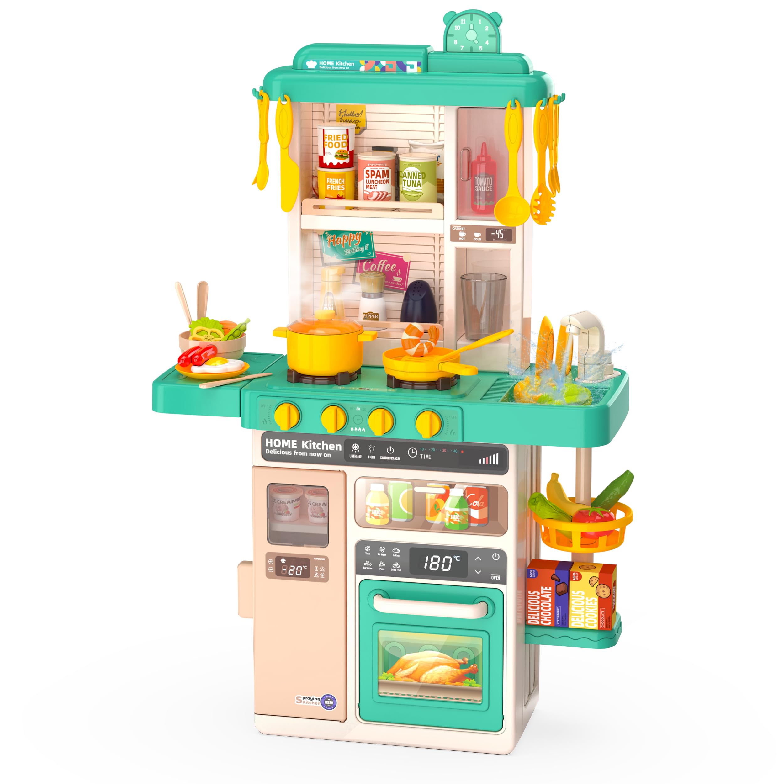 Interactive Kids Kitchen Play Set with 50Pcs Pretend Food Toys - Realistic Sound Effects & Simulated Functions for Toddlers Ages 2-12 | Pretend Play, Role Play, Early Learning | Perfect Gift for Birthday & Christmas (Green)