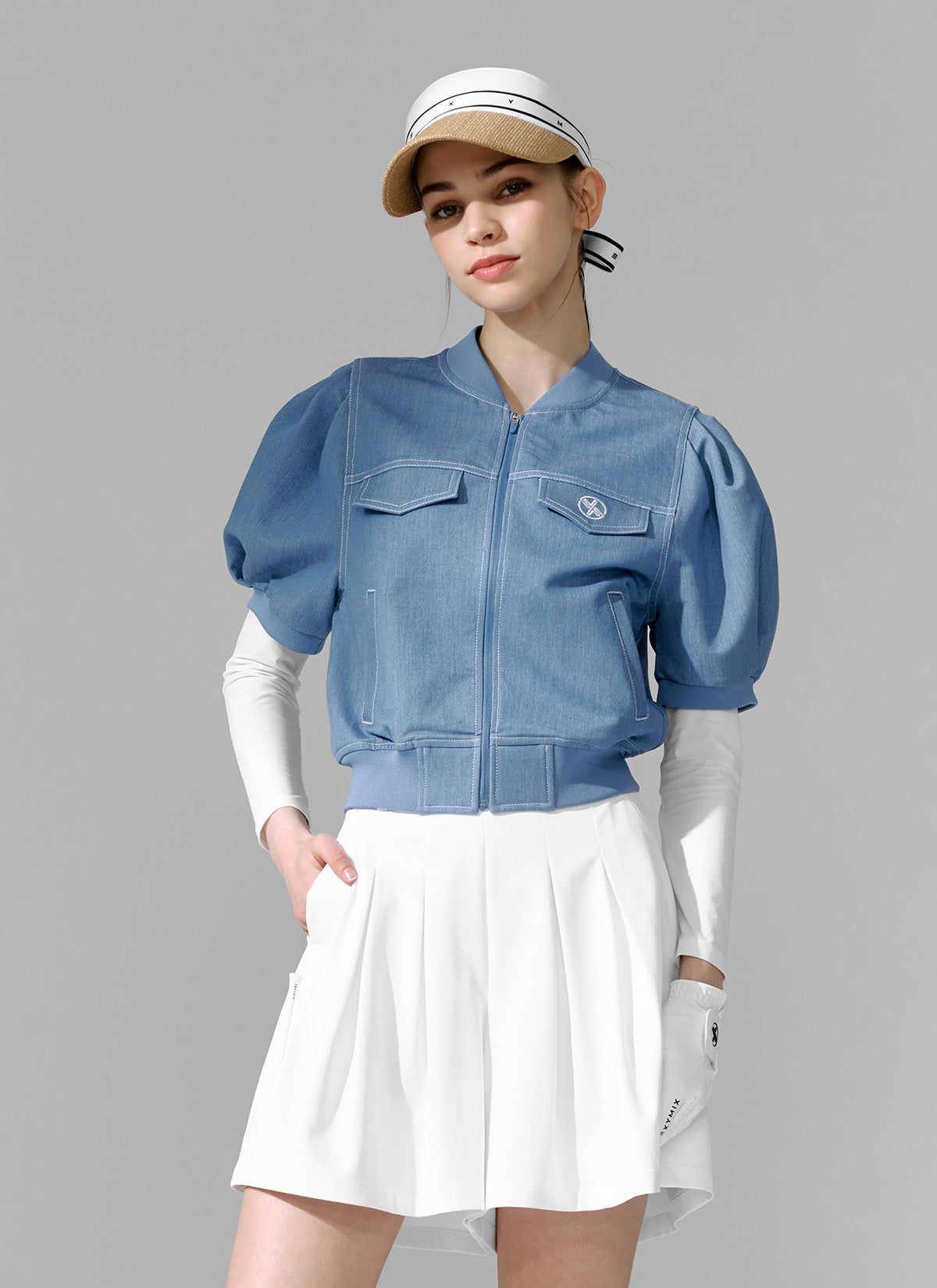 Stylish Denim-Look Puff Sleeve Short Sleeve Jumper - Casual Summer Outfit for Women | Perfect for Beach, Brunch & Date Nights