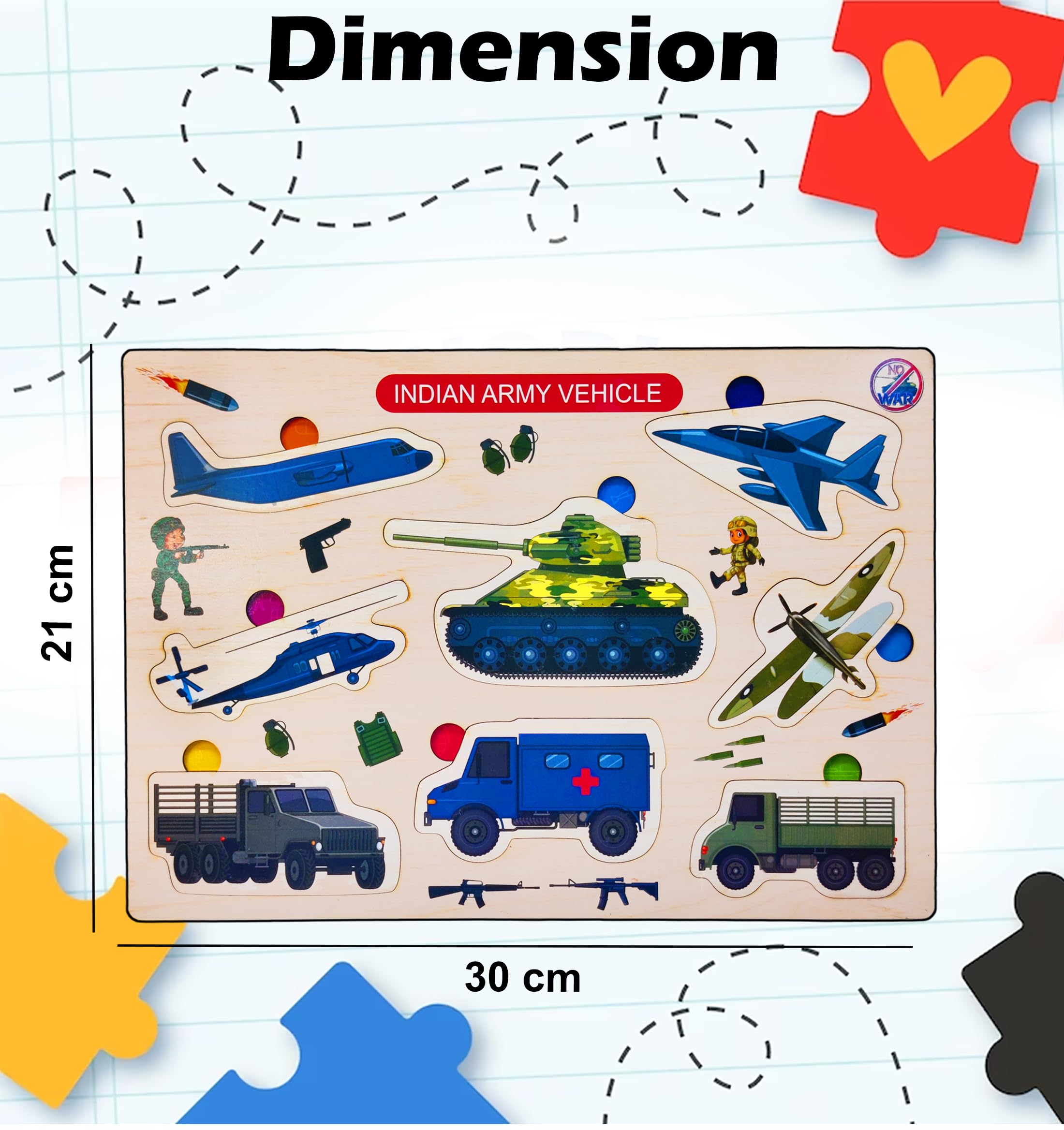 FunBlast Wooden Army Vehicle Puzzle Board - Colorful Educational Learning Toy for Kids, Boys & Girls | STEM Toy for Early Childhood Development & Creative Play