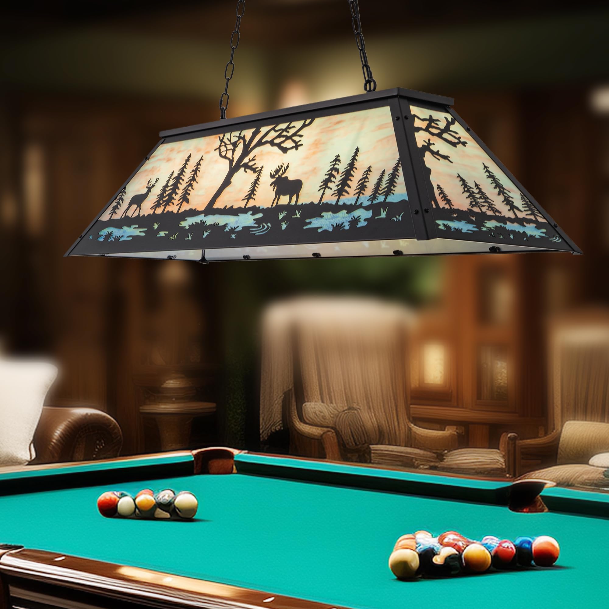 Wellmet 47in Tiffany Pool Table Light - Rustic 4-Light Billiard Hanging Fixture for 7' 8' 9' Pool Tables, Farmhouse Chandelier for Snooker Tables, Game Rooms, Dining Rooms, Kitchen Islands, and Cabin Decor