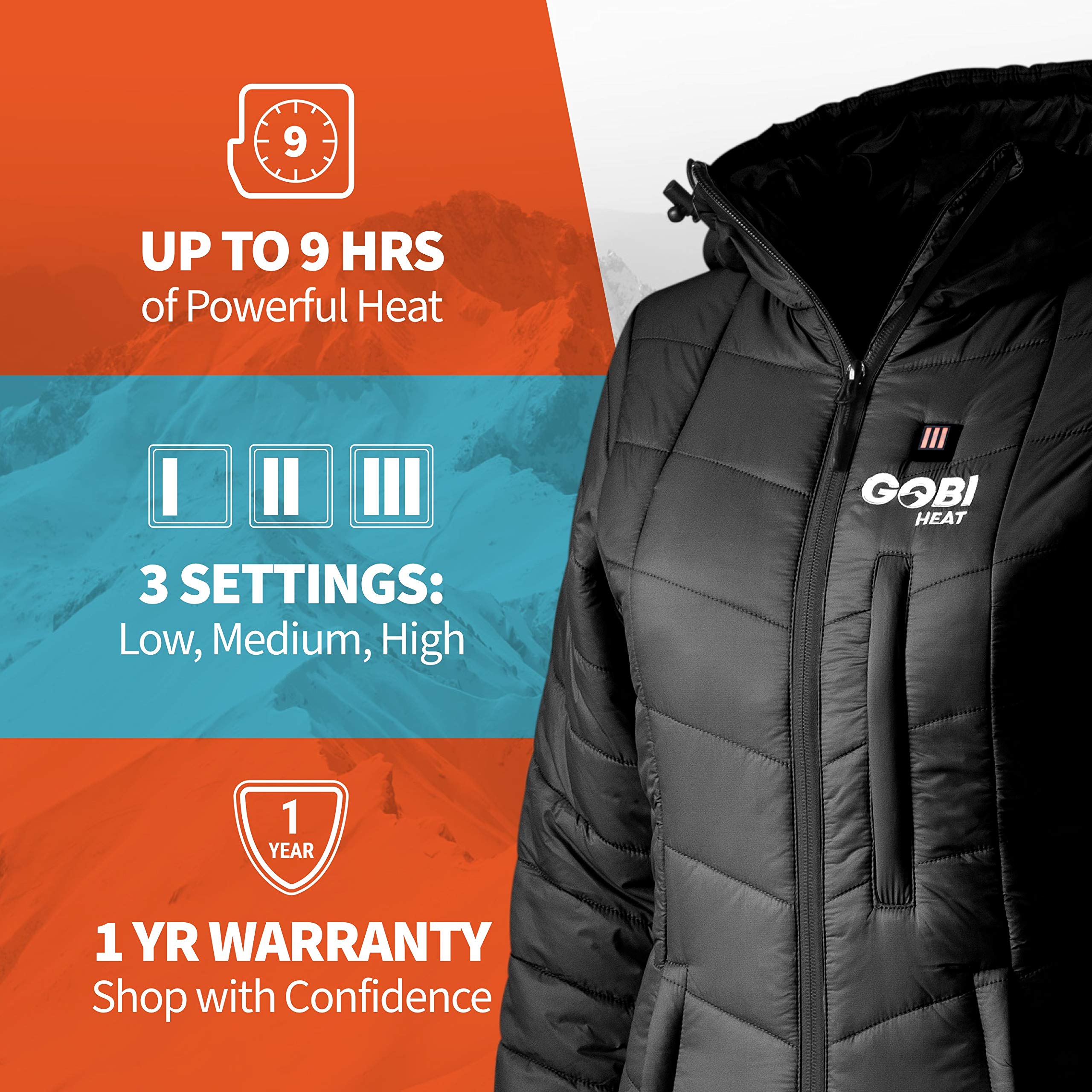 Victoria Women’s Long Puffer Heated Jacket with Battery & Charger - 9 Hours Heating, 5 Adjustable Heat Zones, Machine Washable, All-Day Warmth for Winter - Perfect for Outdoor Activities, Commuting & Cold Weather (XS, Onyx)