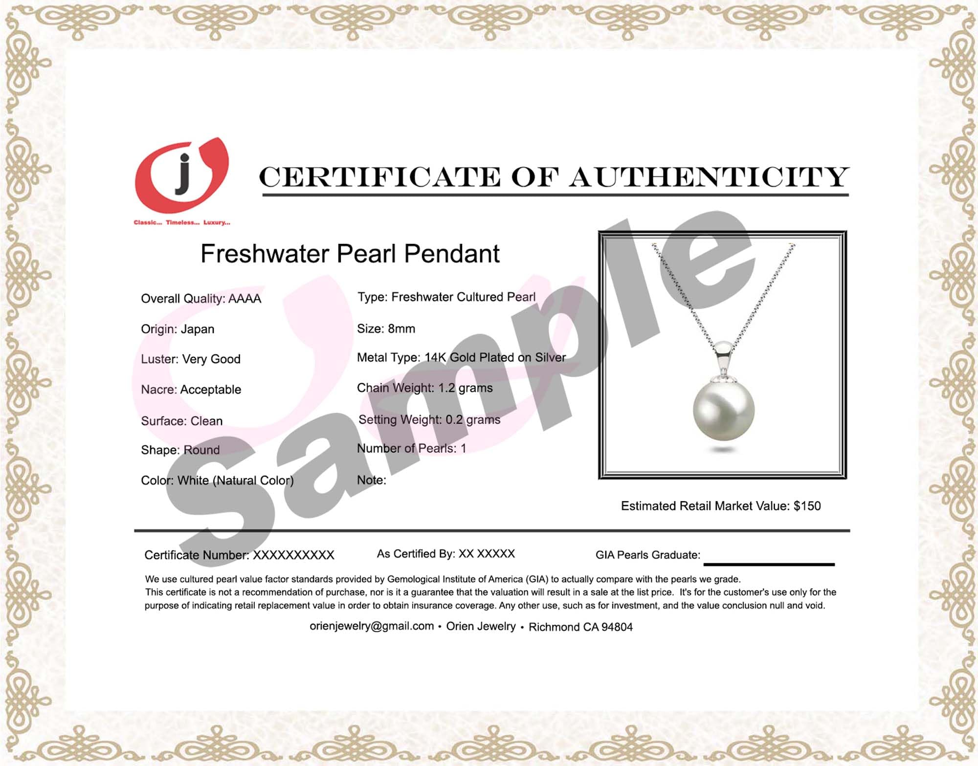 AAAA Grade 6-14mm Japanese Freshwater Cultured Pearl Necklace in White with Sterling Silver Pendant & 16/18 Inch Chain - Elegant Pearl Jewelry for Women, Perfect for Weddings, Parties & Special Occasions - Orien Jewelry