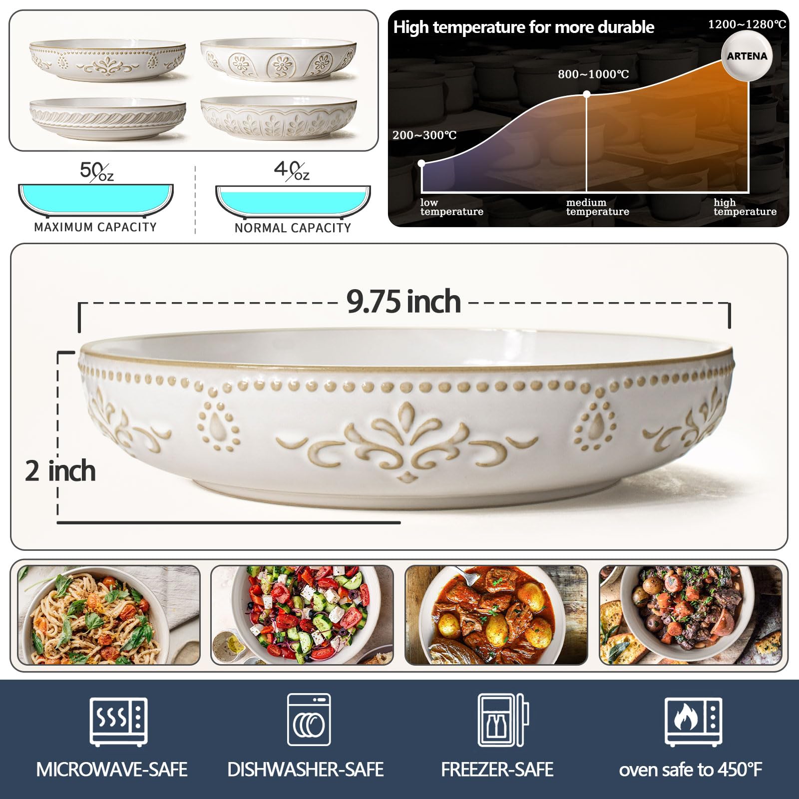 Artena Pasta Bowls Set of 4 - 50oz Large White Ceramic Salad & Soup Bowls - 9.75'' Embossed Shallow Dinner Plates - Microwave & Dishwasher Safe - Floral Damask Design - Perfect for Family Dinners, Entertaining Guests & Restaurant-Style Serving