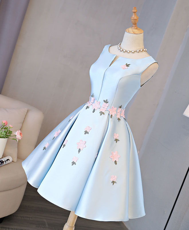 Elegant Blue Satin Applique Short Prom Dress | Homecoming Party Gown | Perfect for Prom Night, Homecoming Dance & Special Occasions