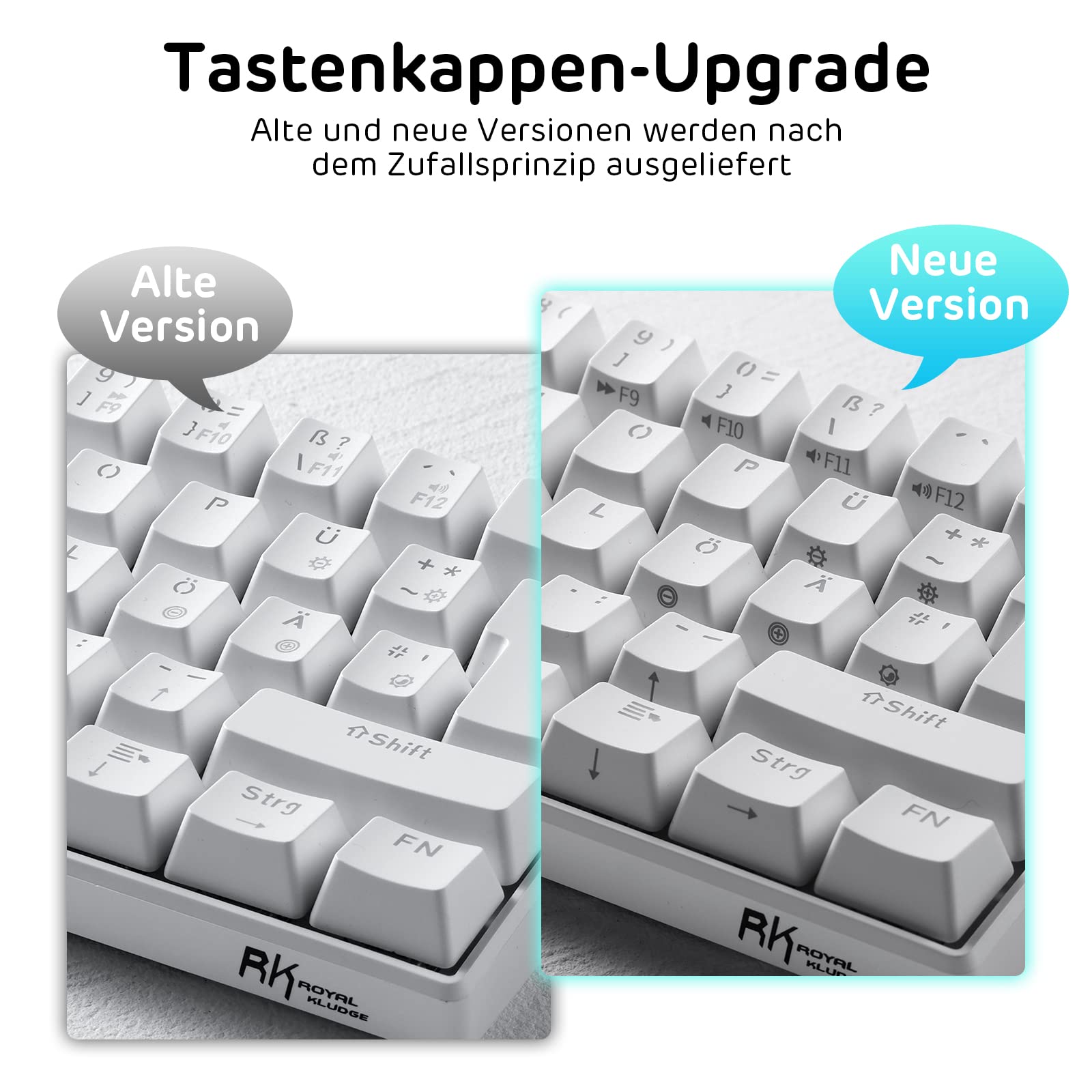 RK ROYAL KLUDGE RK61-DE 60% Wireless Mechanical Gaming Keyboard - Bluetooth/2.4GHz/USB-C Wired, Hot-Swappable Blue Switches, 61 Keys, White, QWERTZ German Layout for Windows & Mac - Perfect for Gaming, Office Work & Programming