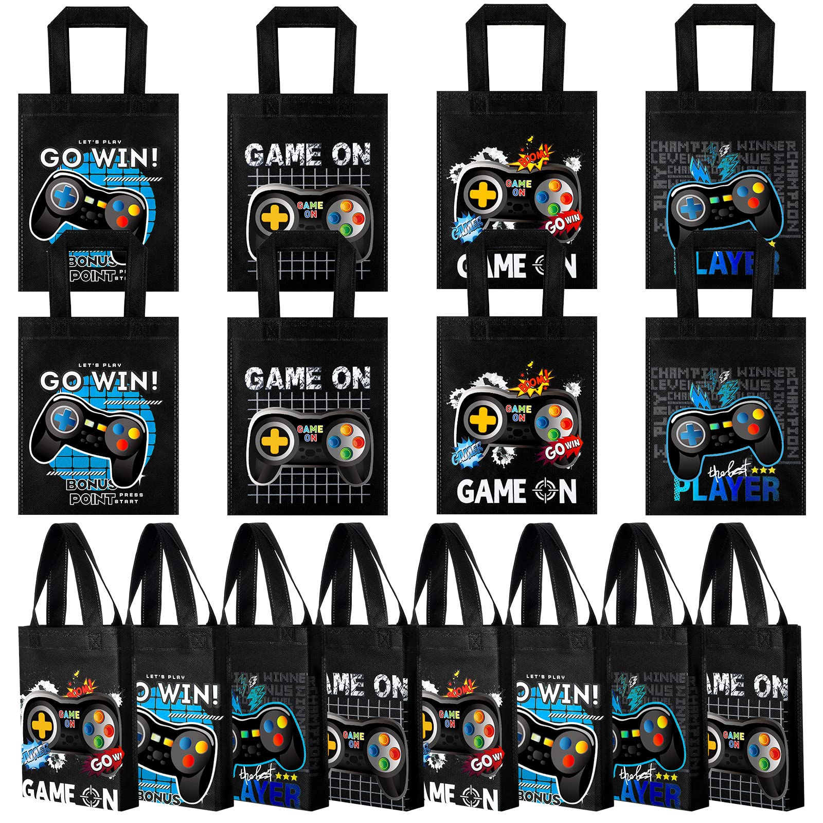 24 Pack Video Game Themed Gift Bags - Reusable Party Favors with Handles for Birthday, Baby Shower & Game Night - Non-Woven Goody Treat Bags for Kids & Adults