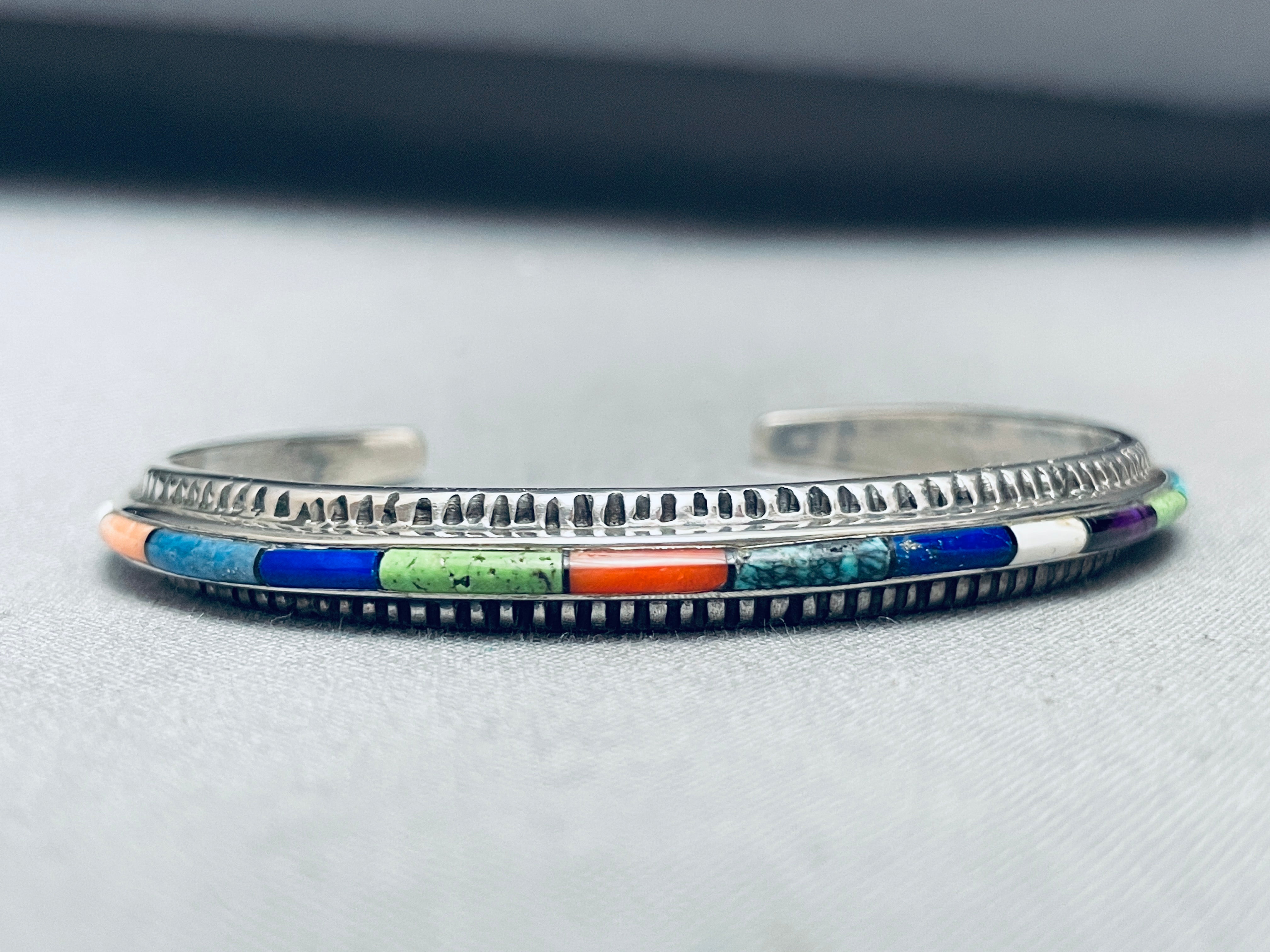 Vintage Native American Navajo Inlay Turquoise Sterling Silver Bracelet - 6 Inch Wrist, Handmade Southwest Jewelry for Women, Boho Chic Accessories for Casual & Festival Wear