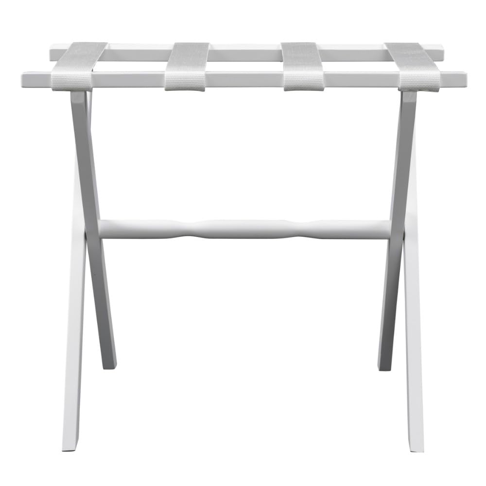 Premium White Wood Folding Luggage Rack with Adjustable Straps - Space-Saving Hotel Style Suitcase Stand for Bedroom, Closet & Travel Organization