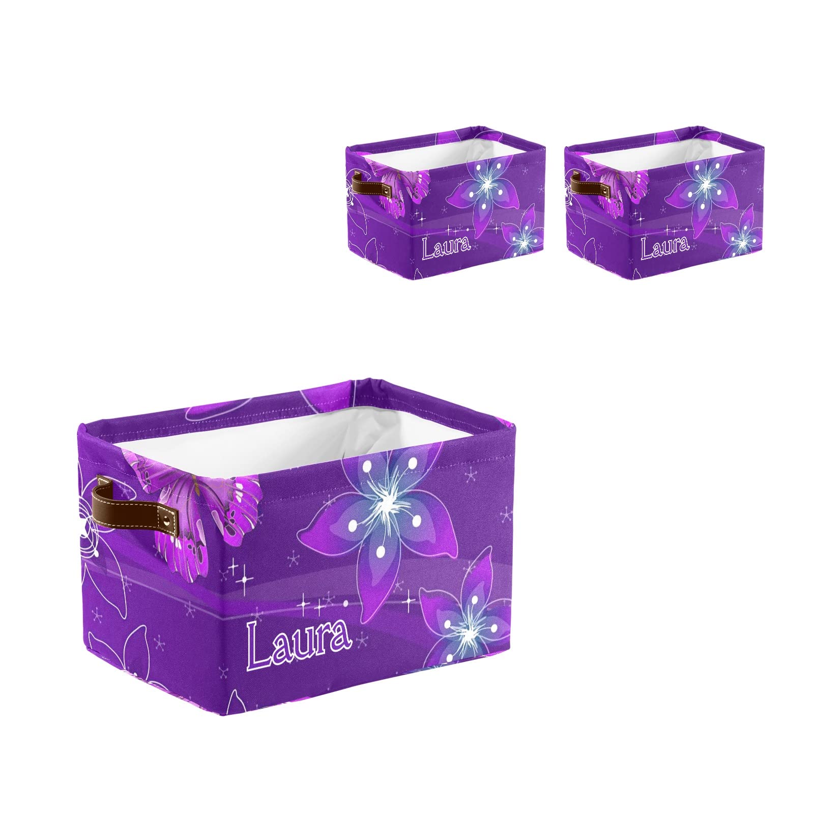 **Personalized Name Storage Bins with Handles - Purple Butterfly Floral Design - 2 Pack Closet & Shelf Organizers for Home, Nursery, or Office**