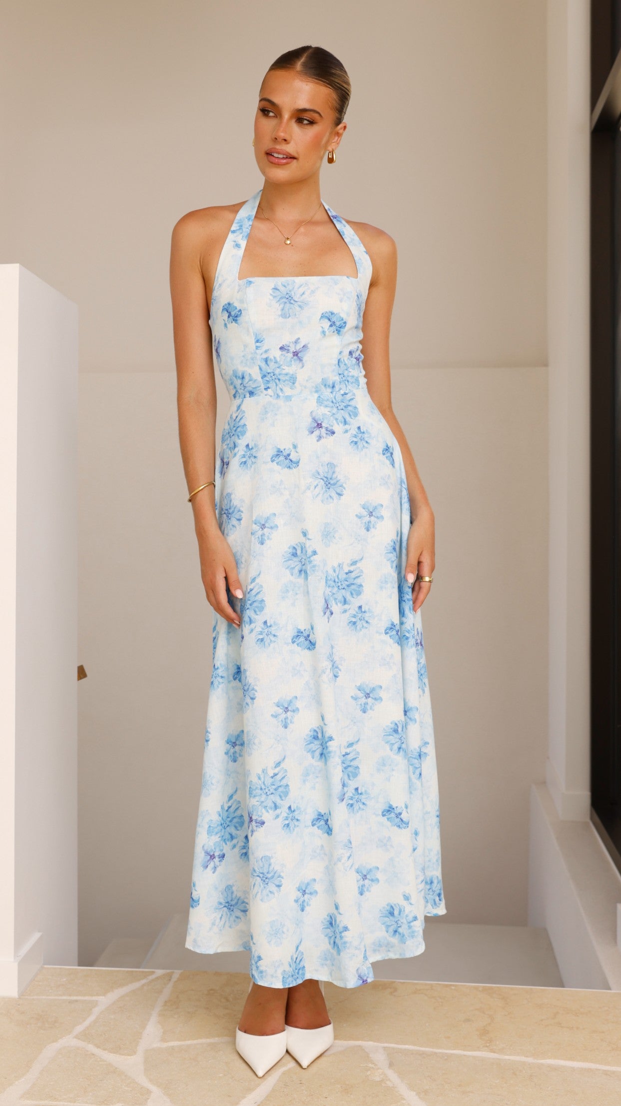 Mady Maxi Dress - Blue Floral Print Long Summer Dress for Women, Beach Vacation & Casual Outings