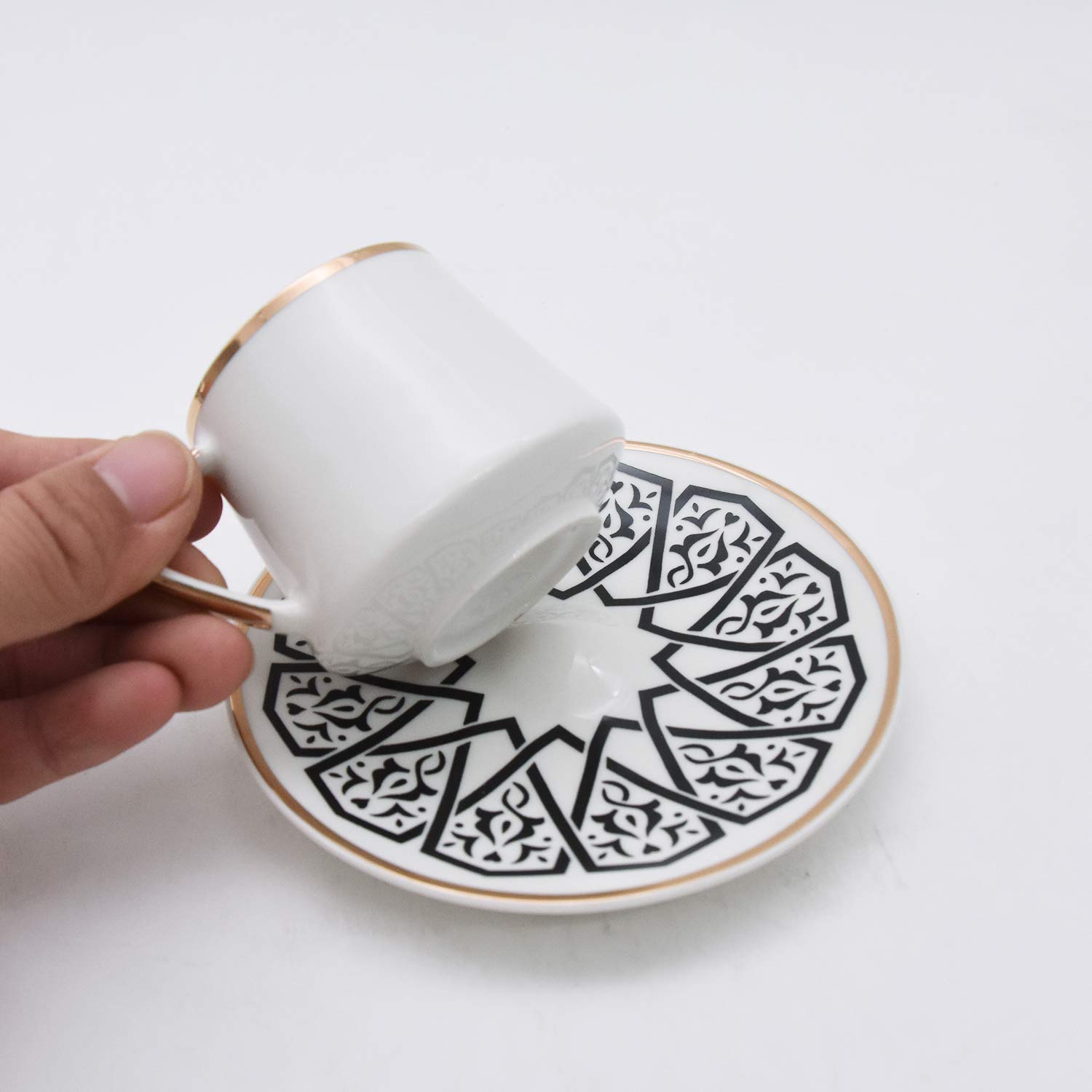 ABHOME 6-Piece Small Espresso Cups and Saucers Set - 2.5 oz Demitasse Cups with Elegant Gold Rim & Gift Box, White Coffee Cup with Decorative Pattern (Black, 80ml) - Perfect for Espresso, Cappuccino, and Afternoon Tea Serving
