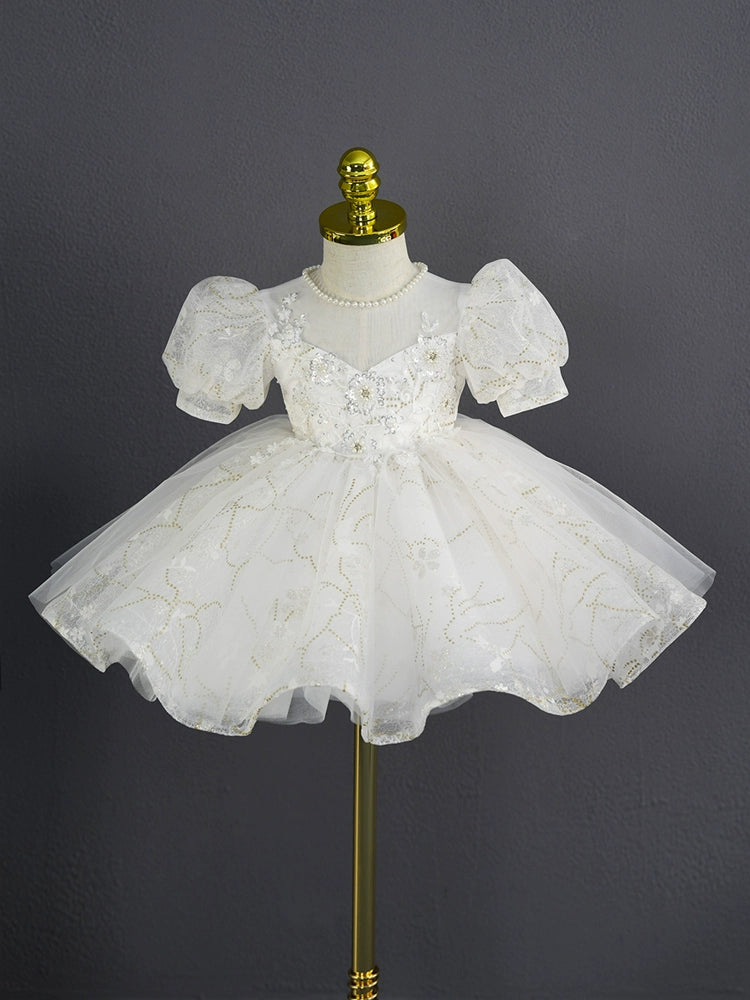 White Princess Sweetheart Tea-Length Tulle Flower Girl Dress for Weddings, First Communion & Special Occasions