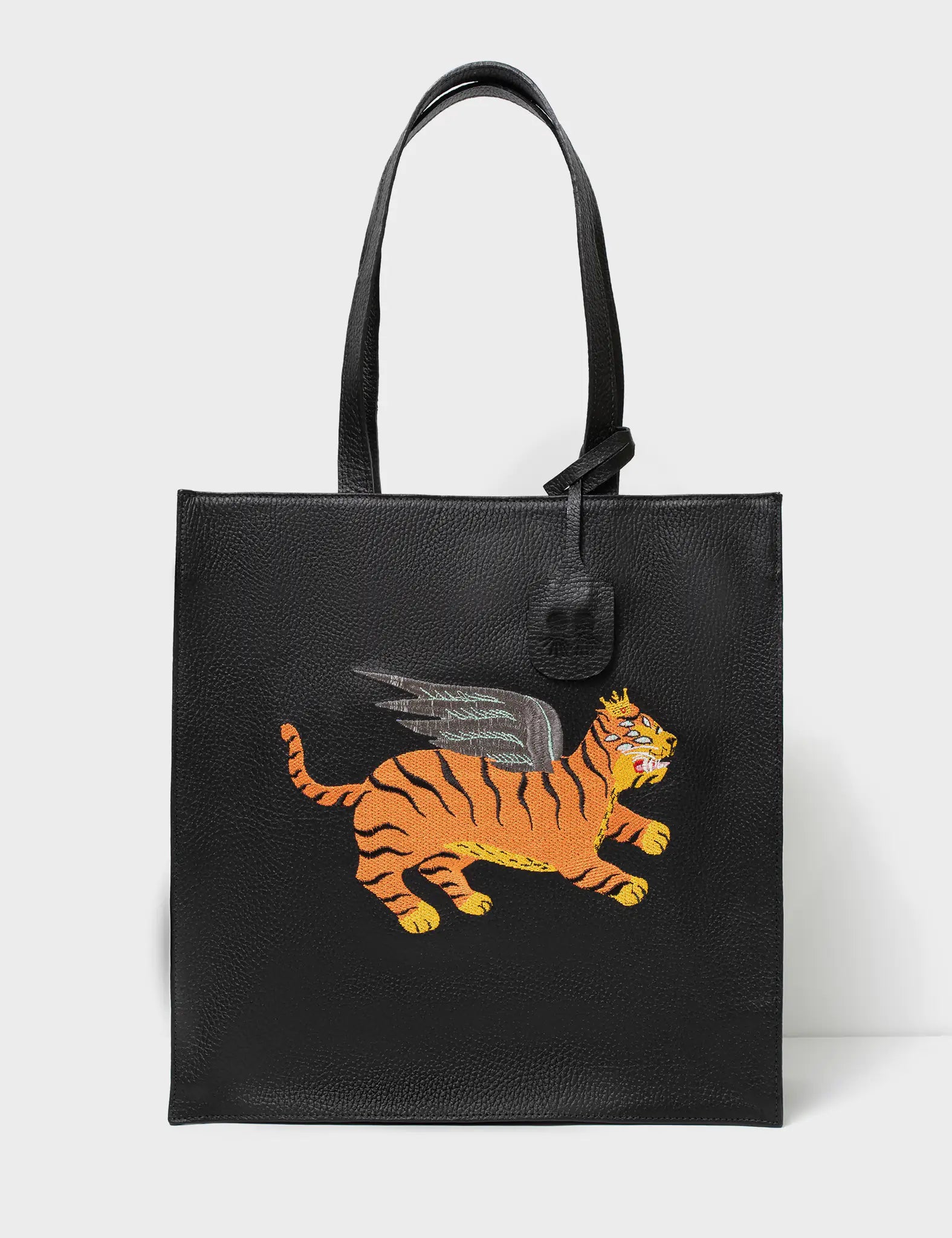 Marko Black Leather Tote Bag with Flying Tiger Embroidery - Stylish Women's Handbag for Work, Travel & Daily Use