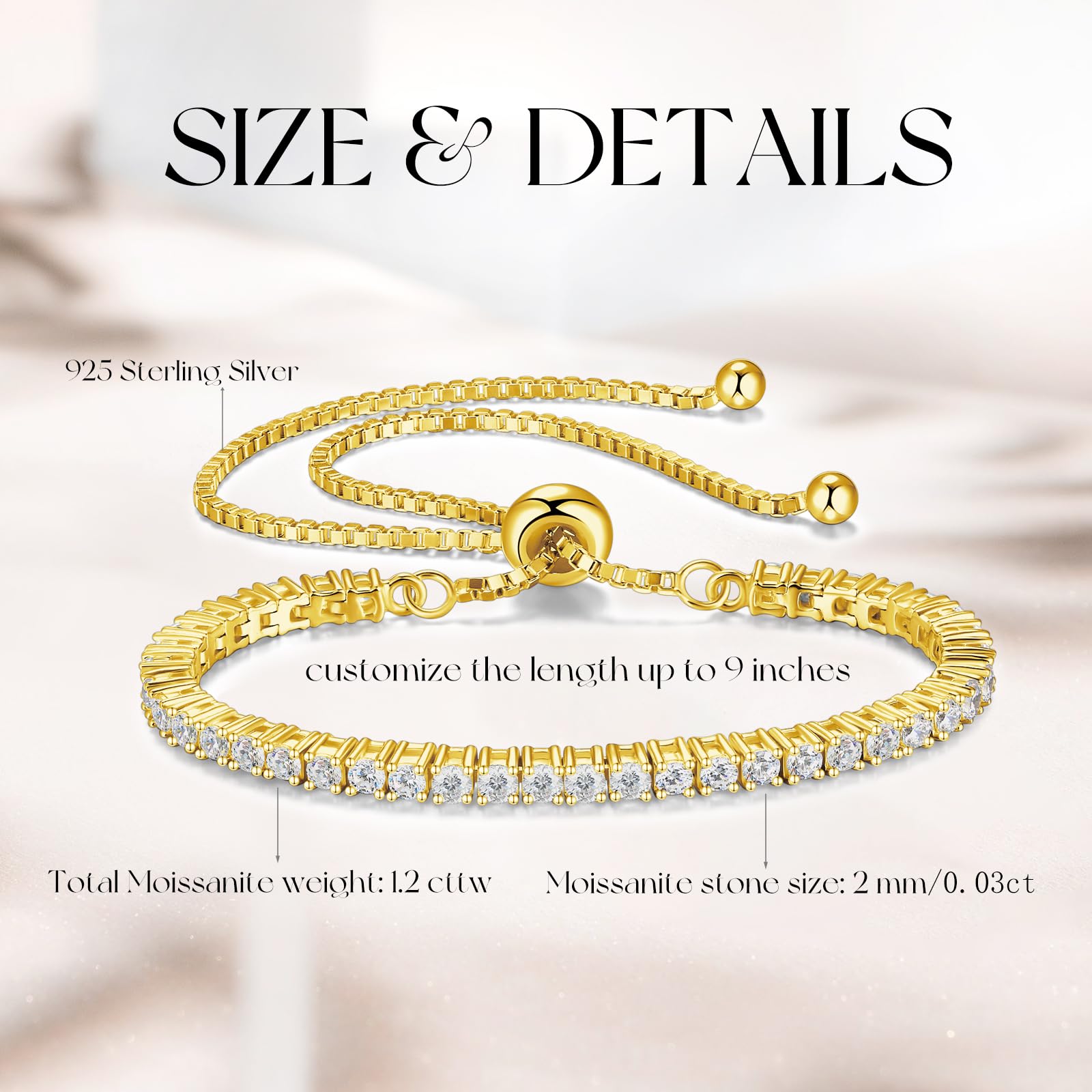 FANCIME 1.2ct-12ct Lab Created Moissanite Tennis Bracelet for Women - 925 Sterling Silver Adjustable Bolo Bracelet with D Color VVS1 Round Cut Moissanite (2/3/4/5mm) | Perfect for Weddings, Anniversaries & Special Occasions