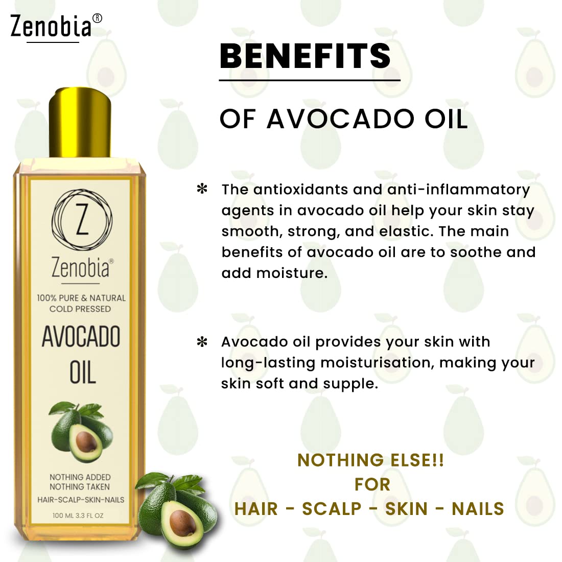 Zenobia 100% Pure Cold-Pressed Avocado Oil for Hair, Face & Skin Care - Natural Retinol & Vitamin E Moisturizer to Reduce Wrinkles & Promote Hair Growth - 100ml Bottle - Perfect for Daily Skincare Routine & Deep Conditioning Treatments