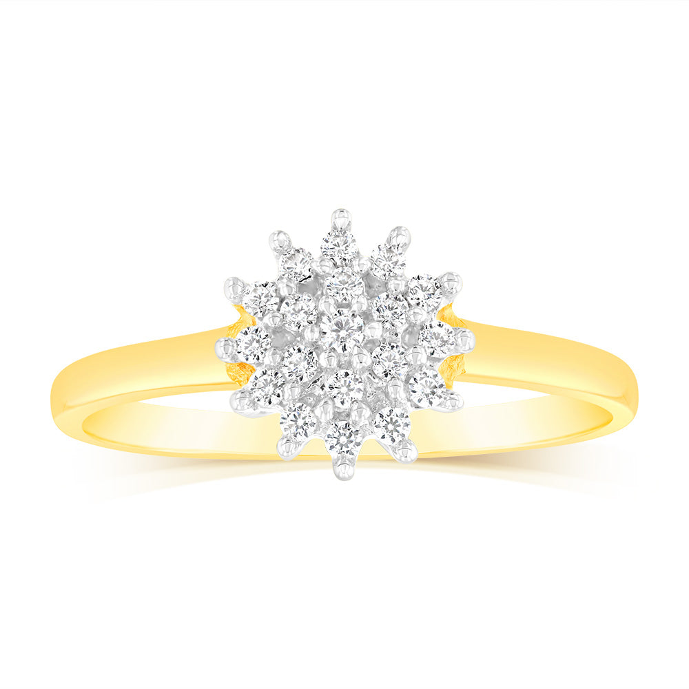 9ct Yellow Gold 19 Cubic Zirconia Flower Shaped Ring for Women - Elegant Floral Jewelry for Weddings, Anniversaries & Special Occasions