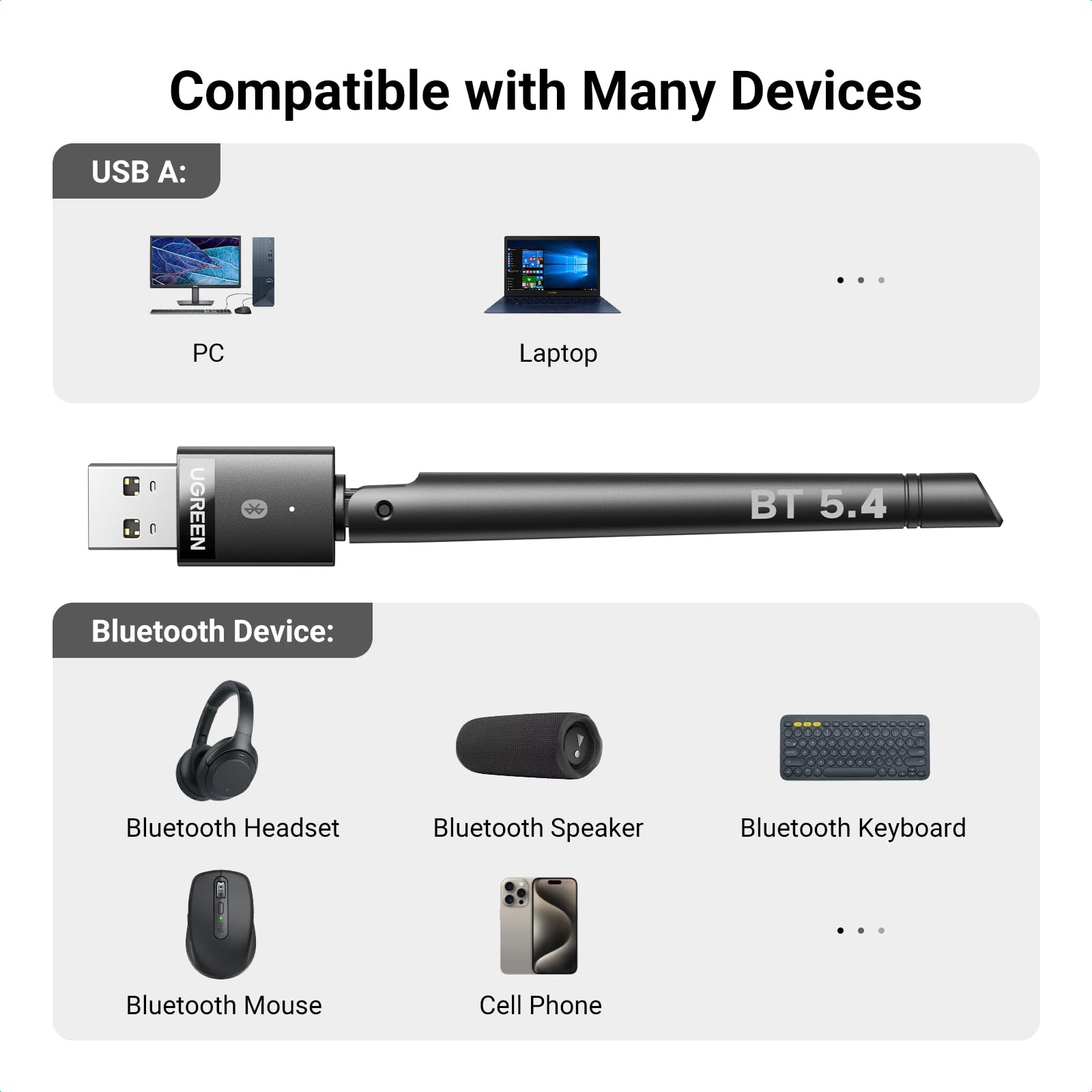 UGREEN Bluetooth 5.4 Adapter for PC - Long Range USB Bluetooth Dongle (BR+EDR+BLE) - Wireless Transfer for Mouse, Keyboard, Headphones, Speakers - Compatible with Desktop, Laptop - Windows 11/10/8.1 - Ideal for Home Office, Gaming, and Multimedia