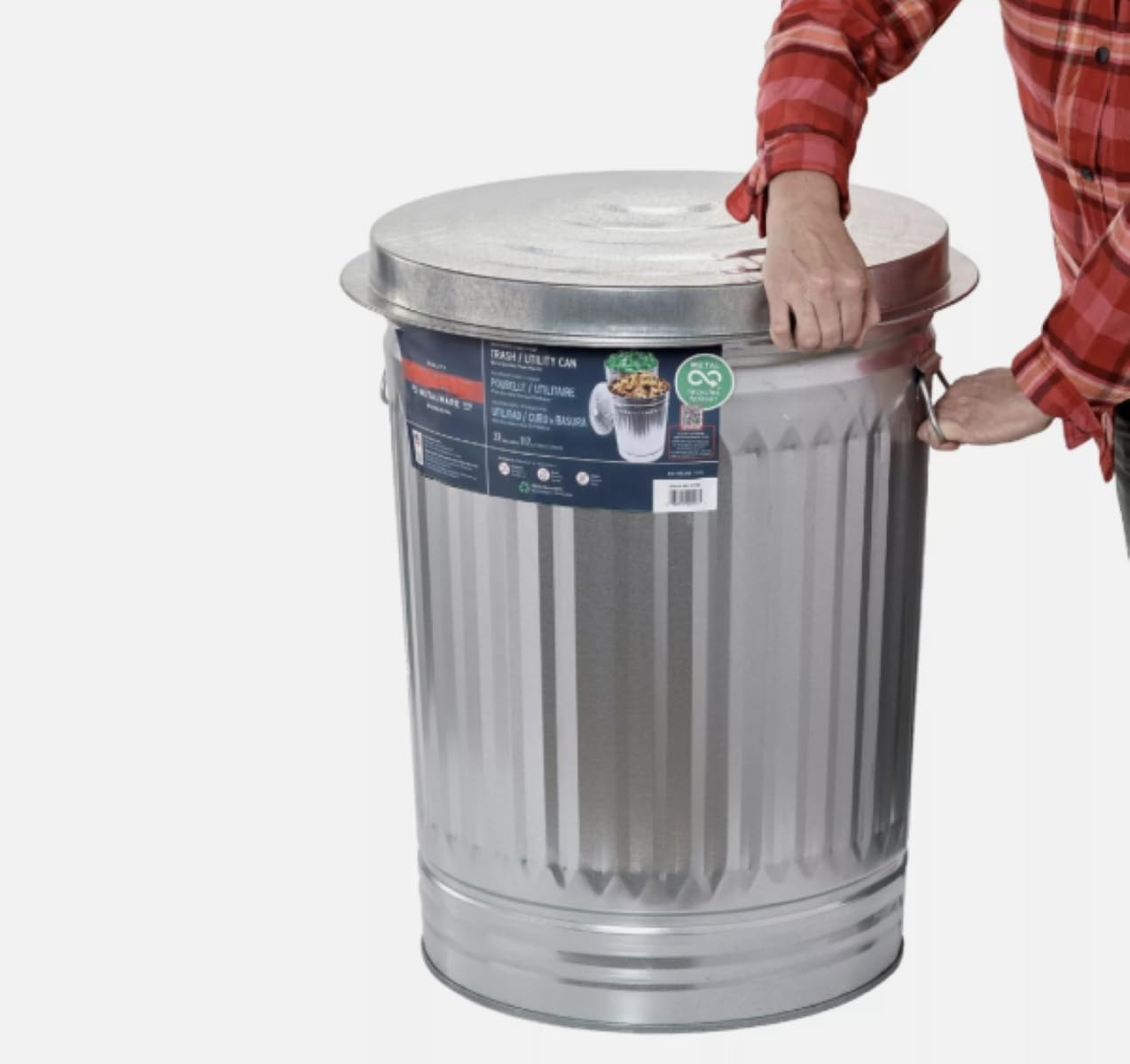 31 Gallon Galvanized Steel Round Trash Can with Lid - Heavy Duty Metal Garbage Bin for Kitchen, Office, Outdoor Use - Rustproof & Durable Household Waste Container (Grey)