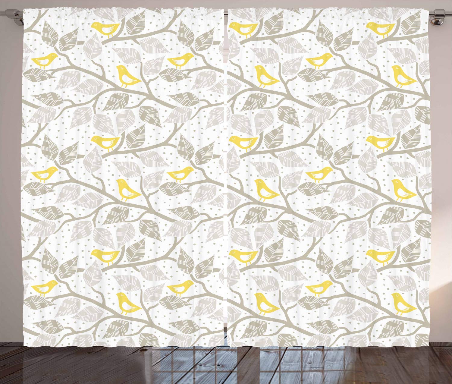 Ambesonne Grey and Yellow Curtains - Abstract Tree Branches with Leaves, Birds & Dots Spring Nature Design - 2 Panel Window Drapes Set 108