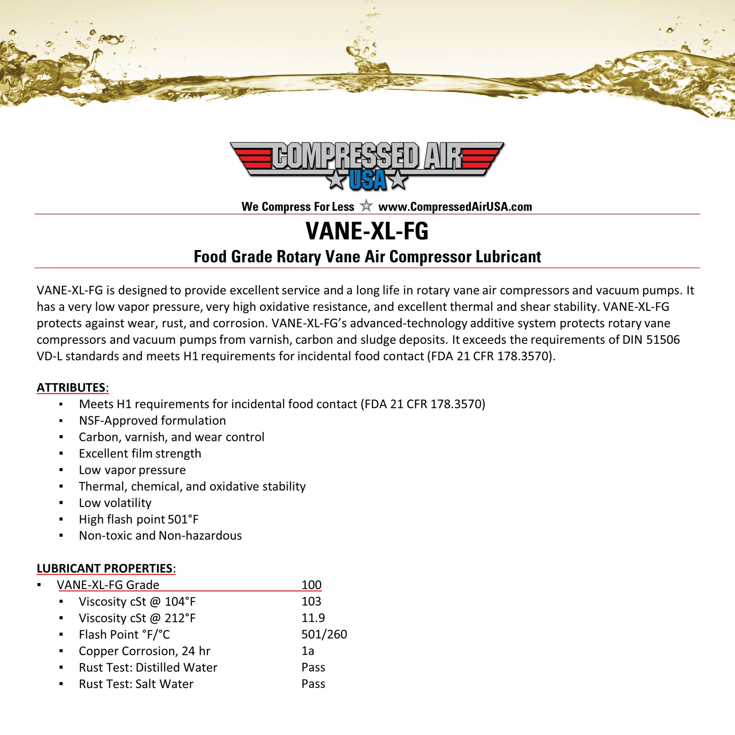 Food Grade Rotary Vane Air Compressor Lubricating Oil - XL Extended Life Formula (1 Gallon) - Safe for Food Processing Equipment - Ideal for Commercial Kitchens & Beverage Production