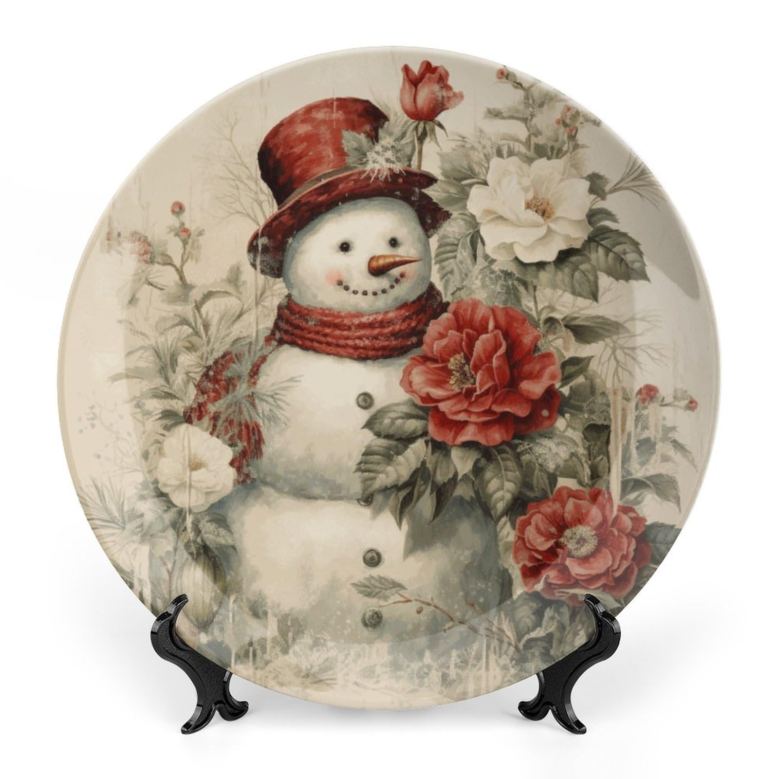 Vintage Snowman Christmas Decorative Plates 10 Inch - Red & White Floral Porcelain Display Plate for Home, Office, Kitchen, Table Decor - Perfect for Holiday Parties, Gift Giving & Festive Dining
