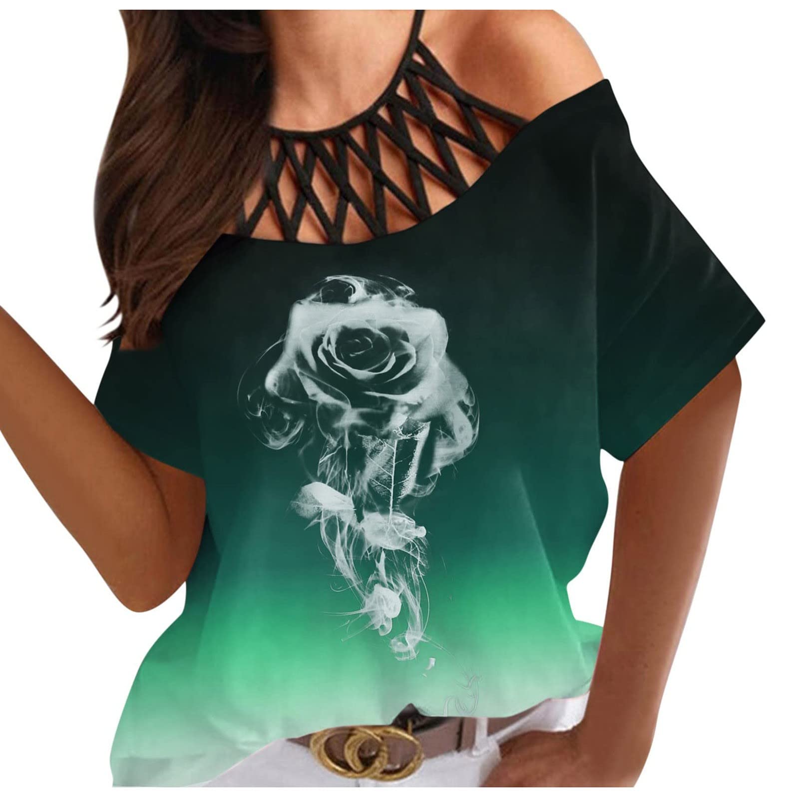 Stylish Women's Summer Halter Tops - Floral Rose Graphic Tee Shirts, Short Sleeve Loose Blouse for Casual Wear | Perfect for Beach Outings, Vacations & Summer Fashion