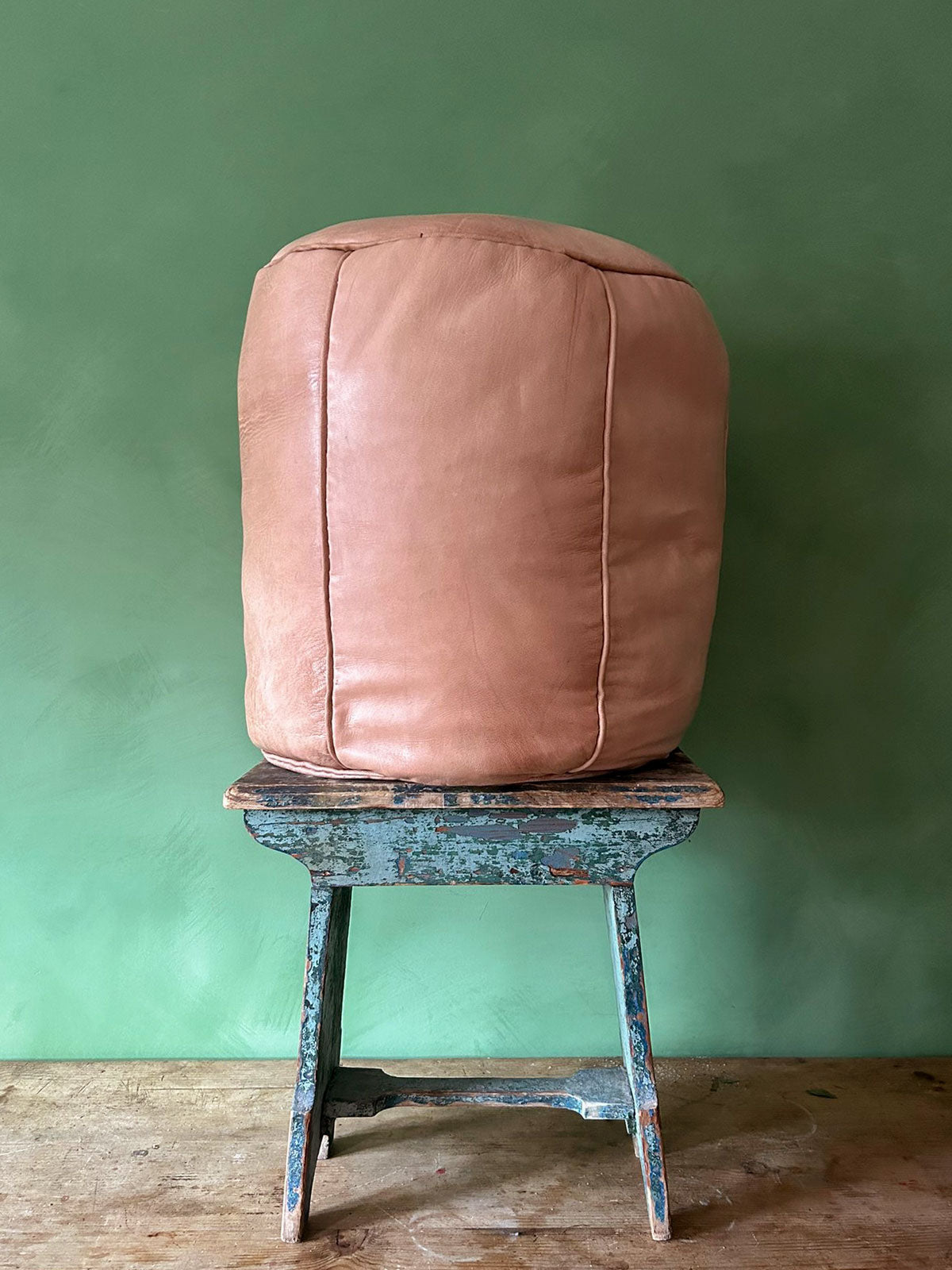 Handmade Moroccan Leather Drum Pouffe Ottoman - Natural Brown Leather Footstool for Living Room, Bedroom & Boho Decor
