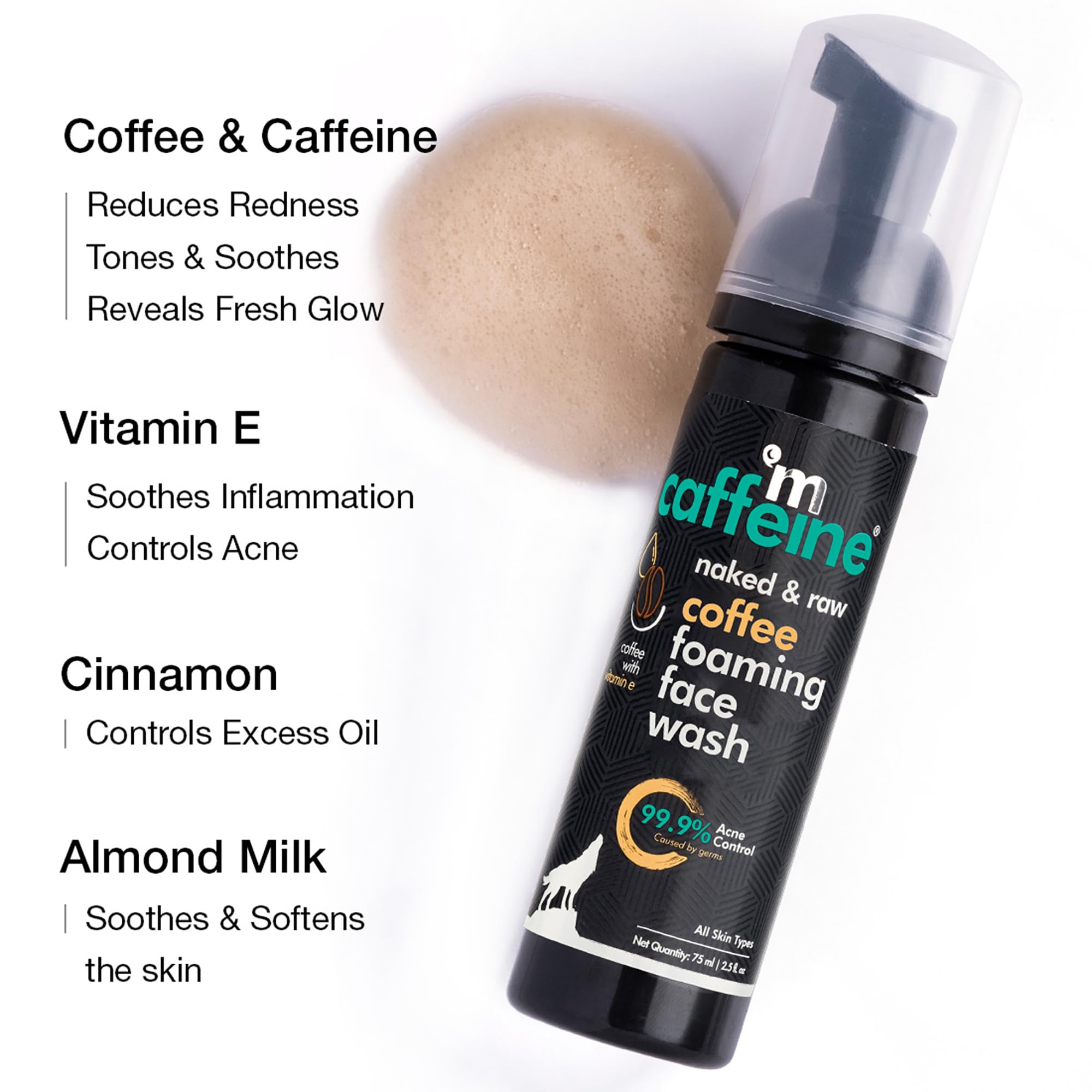 mCaffeine Coffee Foaming Face Wash for Oily & Acne-Prone Skin | Oil Control & Anti-Acne Daily Cleanser for Men & Women | 75ml | Perfect for Hot & Humid Weather, Gym, Travel & Morning Skincare Routine