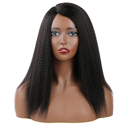 JVILO Yaki Straight Wigs For Black Women - 14inch Medium Long Synthetic Yaki Afro Kinky Straight Wigs with Silky Light Texture (#1B) - Perfect for Daily Wear, Work, Parties & Special Occasions